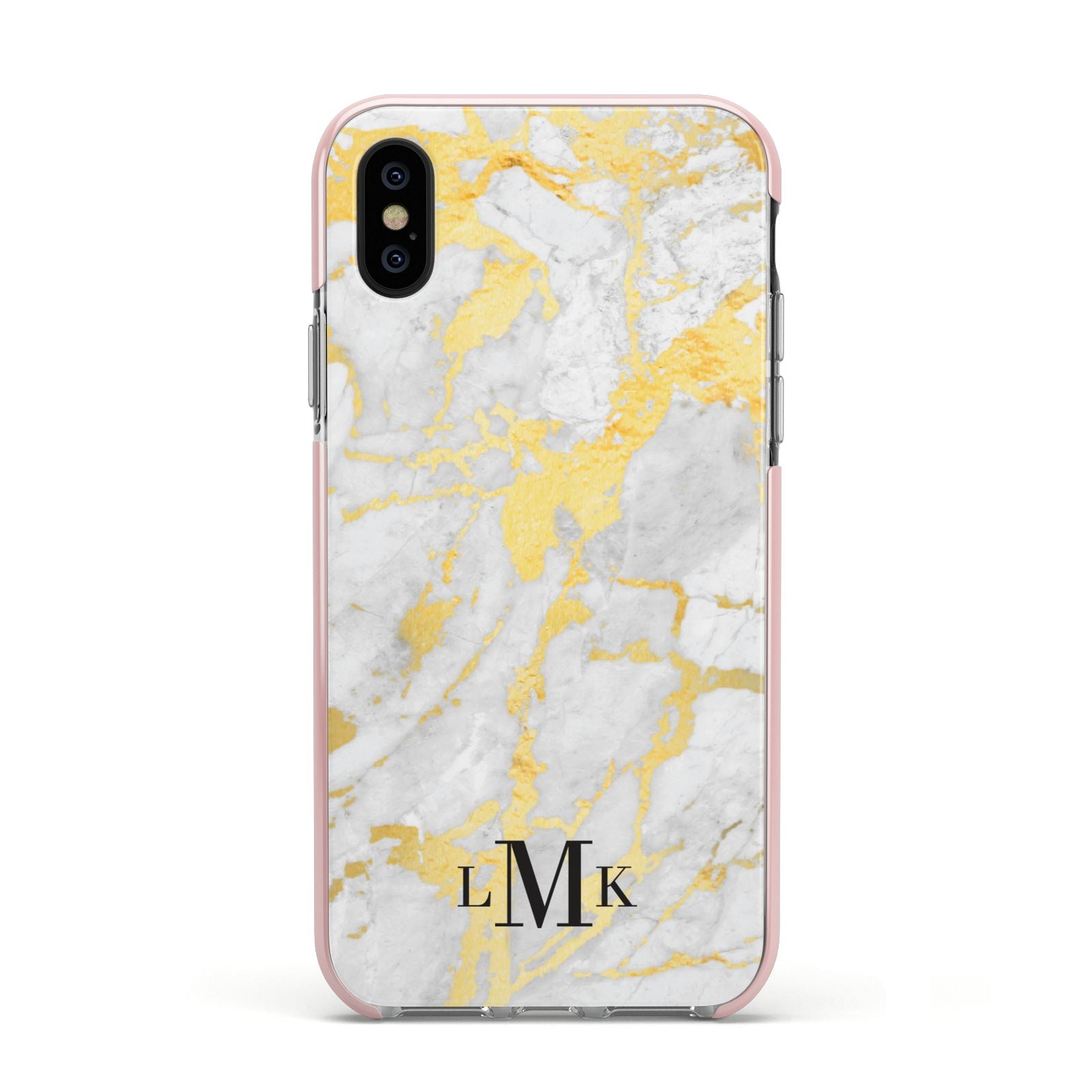 Gold Marble Initials Customised Apple iPhone Xs Impact Case Pink Edge on Black Phone