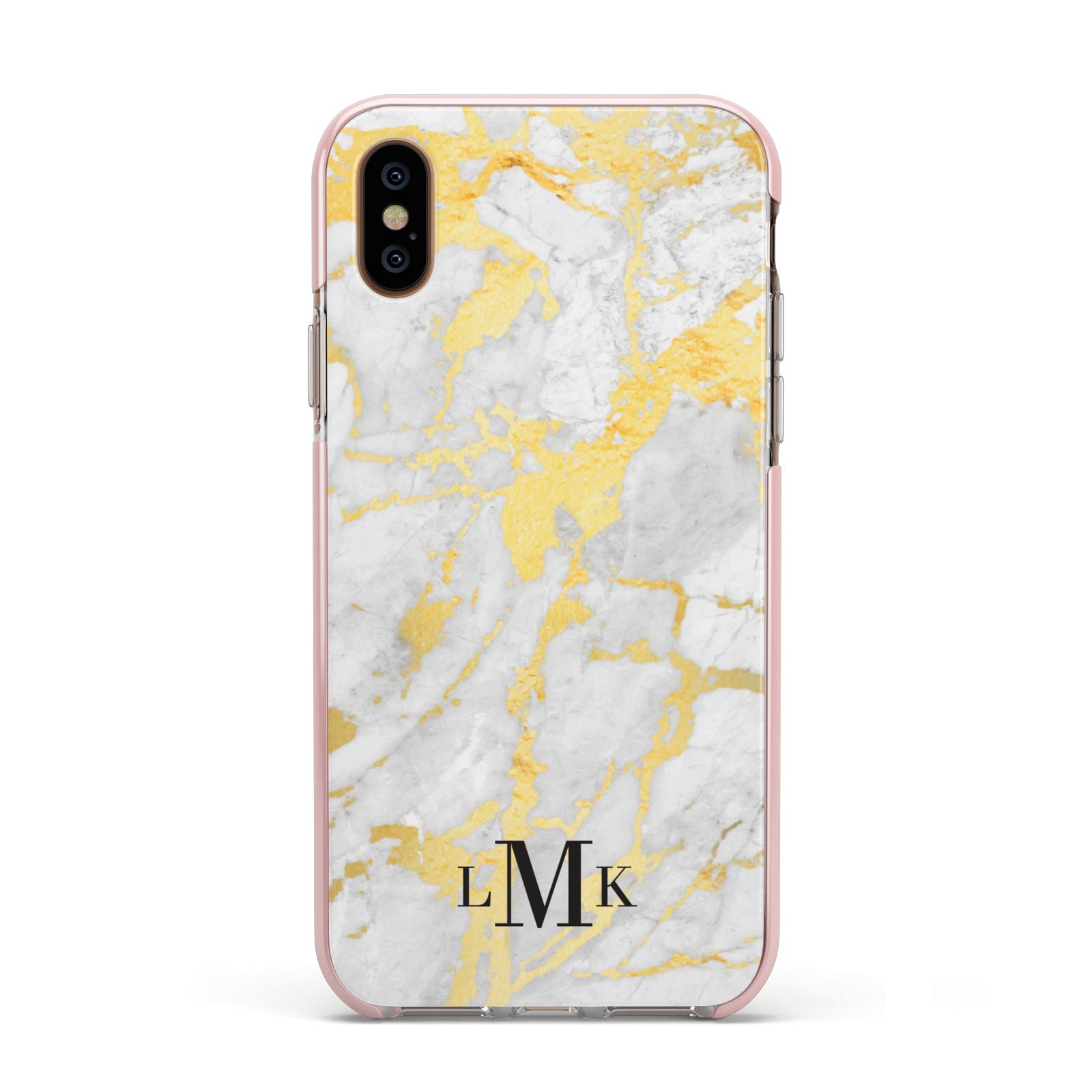 Gold Marble Initials Customised Apple iPhone Xs Impact Case Pink Edge on Gold Phone