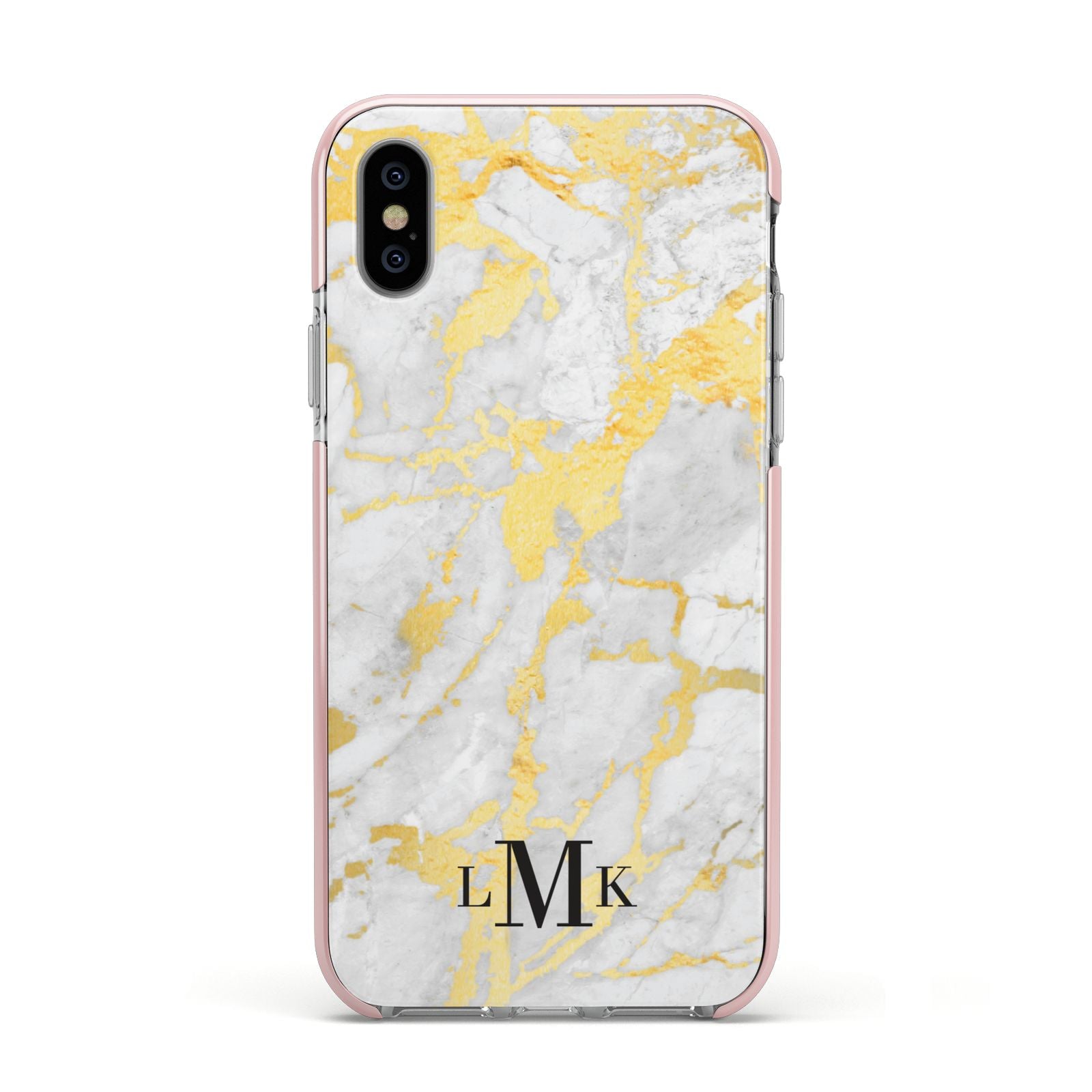 Gold Marble Initials Customised Apple iPhone Xs Impact Case Pink Edge on Silver Phone