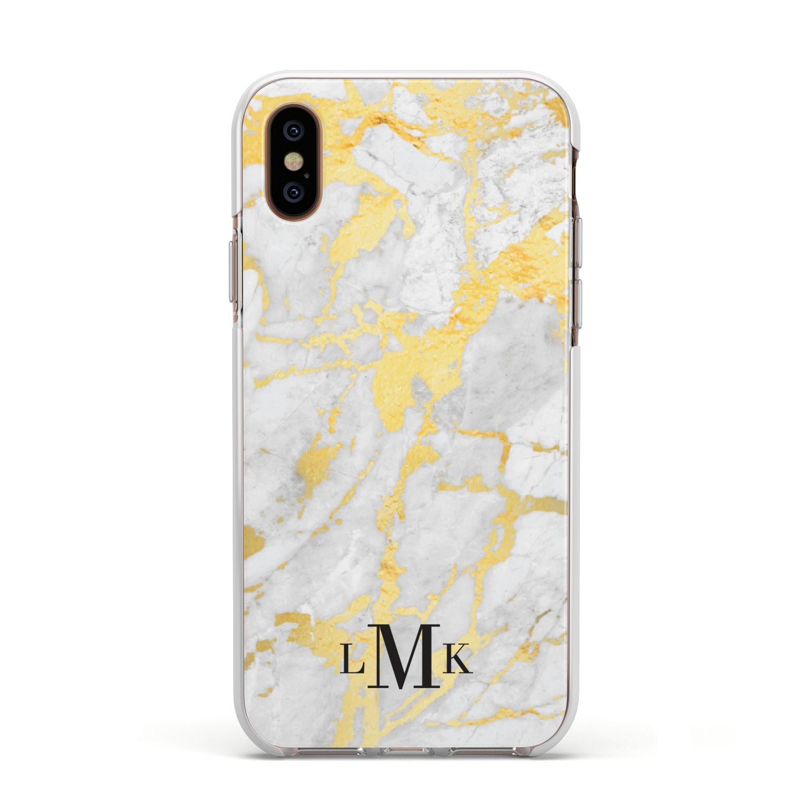 Gold Marble Initials Customised Apple iPhone Xs Impact Case White Edge on Gold Phone