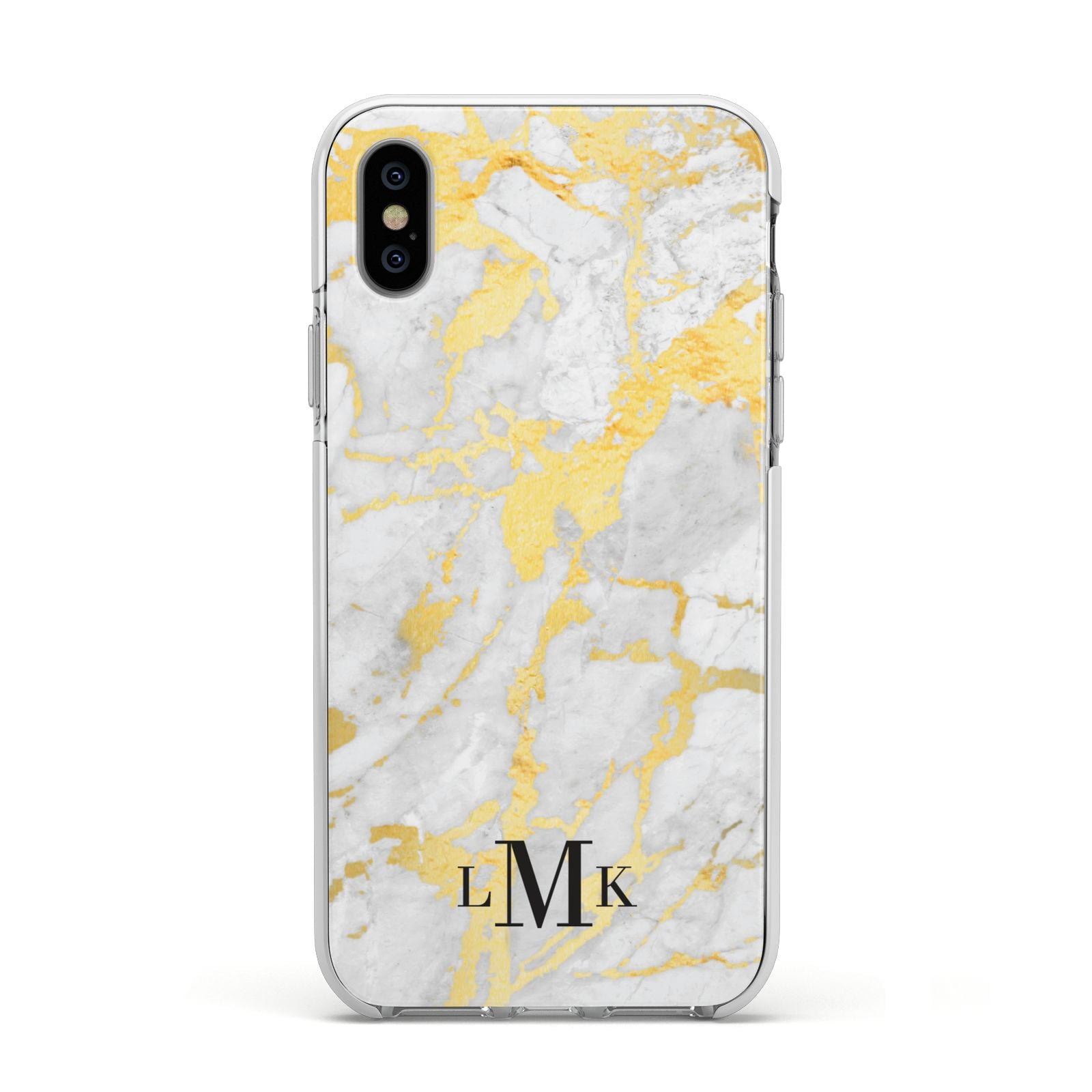 Gold Marble Initials Customised Apple iPhone Xs Impact Case White Edge on Silver Phone