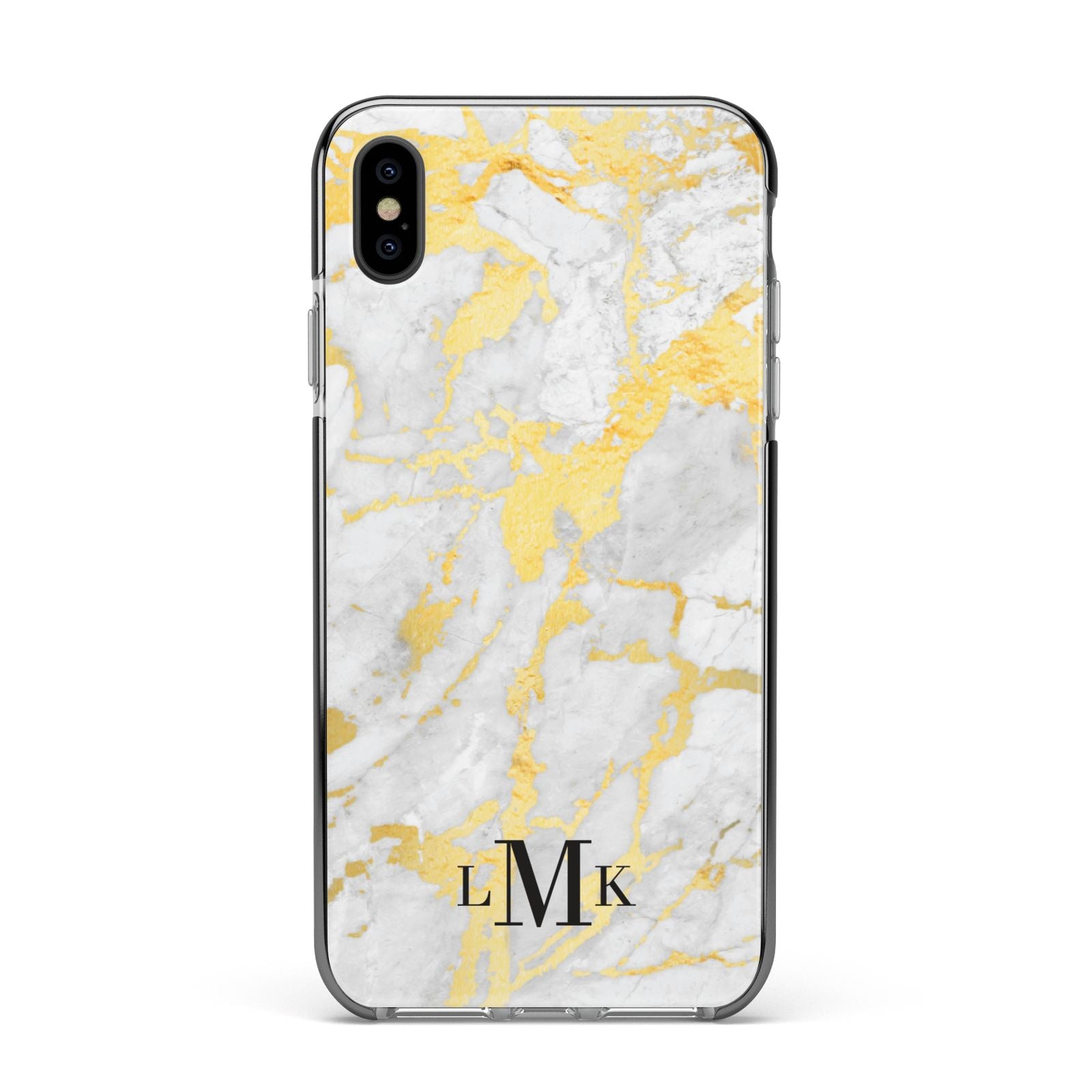 Gold Marble Initials Customised Apple iPhone Xs Max Impact Case Black Edge on Black Phone
