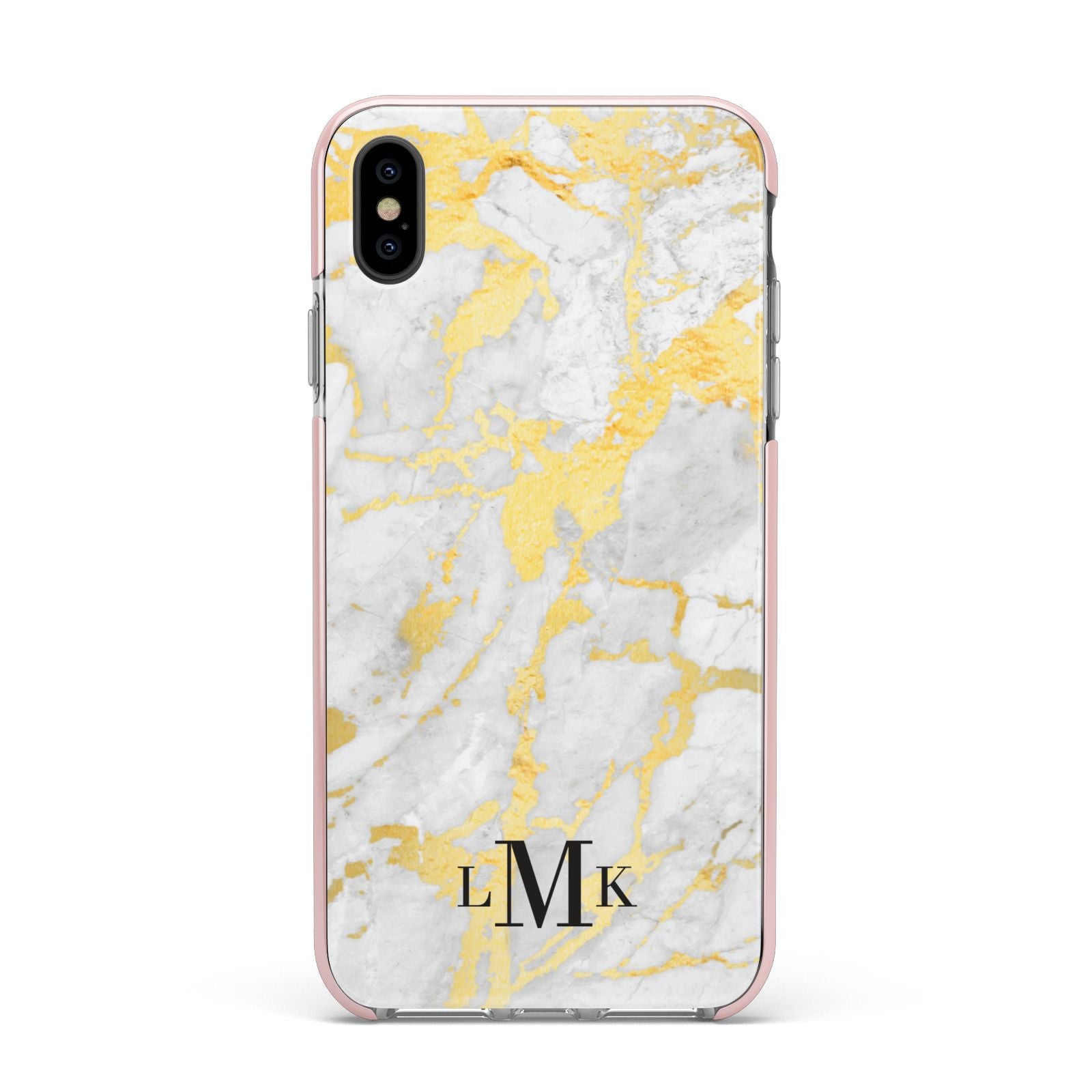 Gold Marble Initials Customised Apple iPhone Xs Max Impact Case Pink Edge on Black Phone