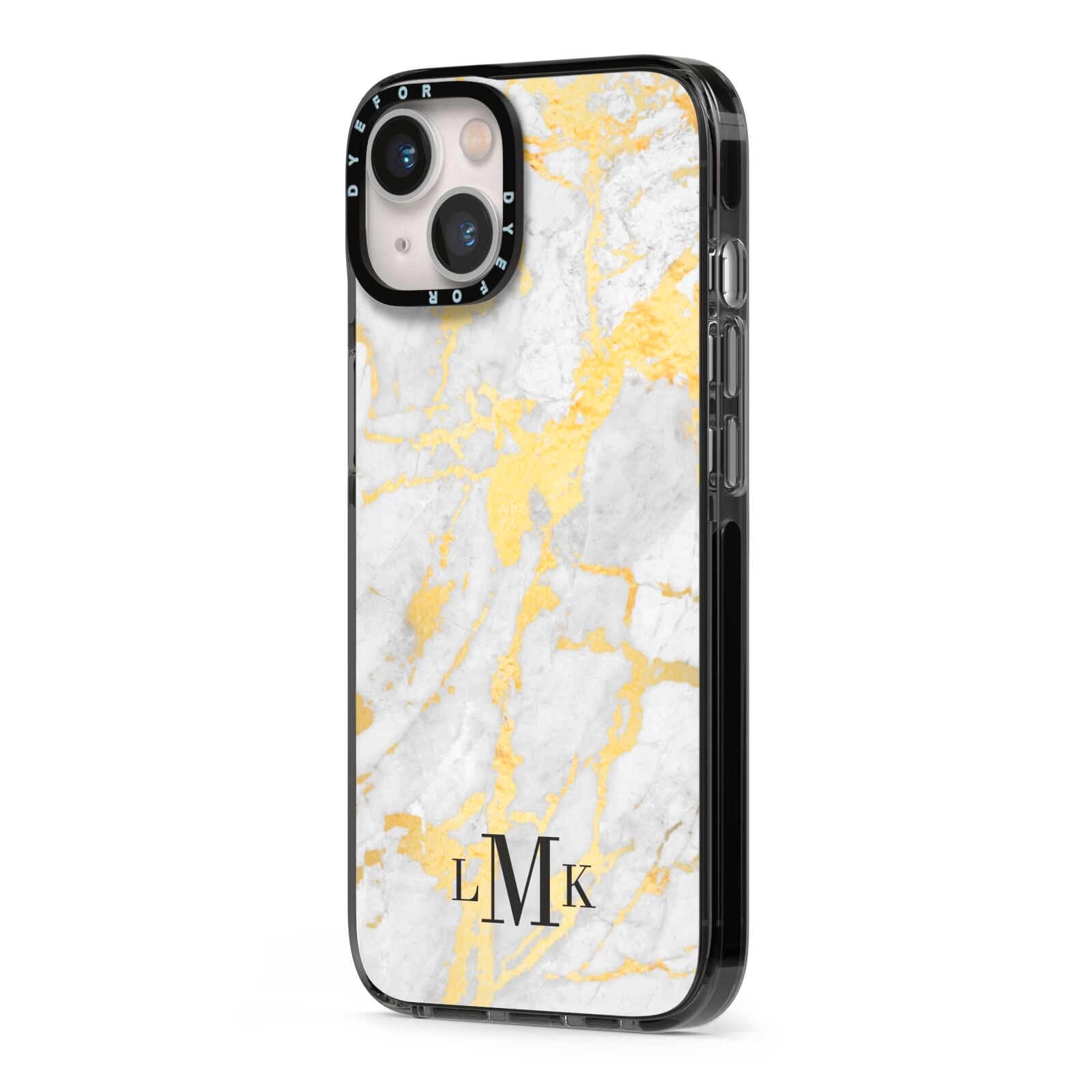 Gold Marble Initials Customised iPhone 13 Black Impact Case Side Angle on Silver phone