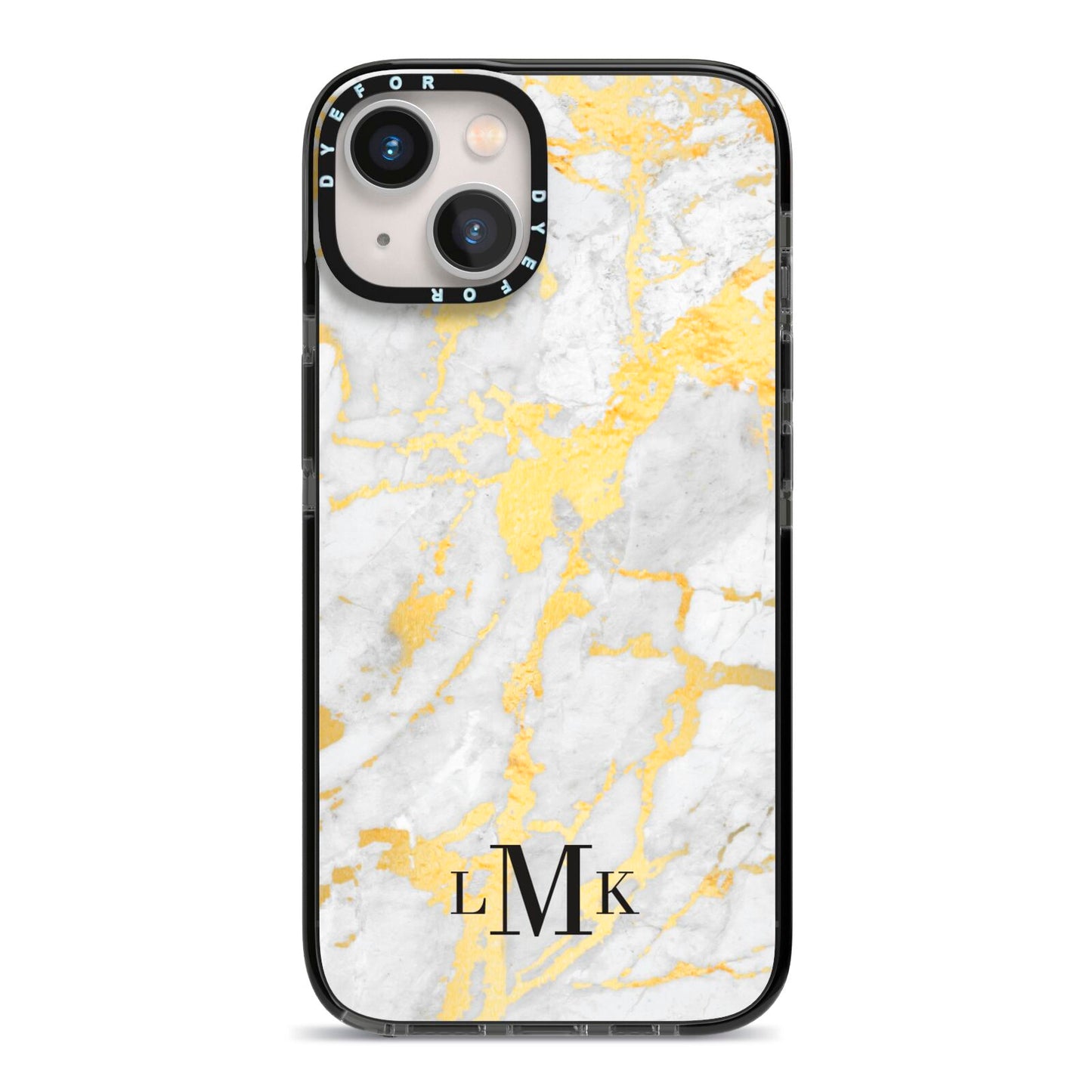 Gold Marble Initials Customised iPhone 13 Black Impact Case on Silver phone