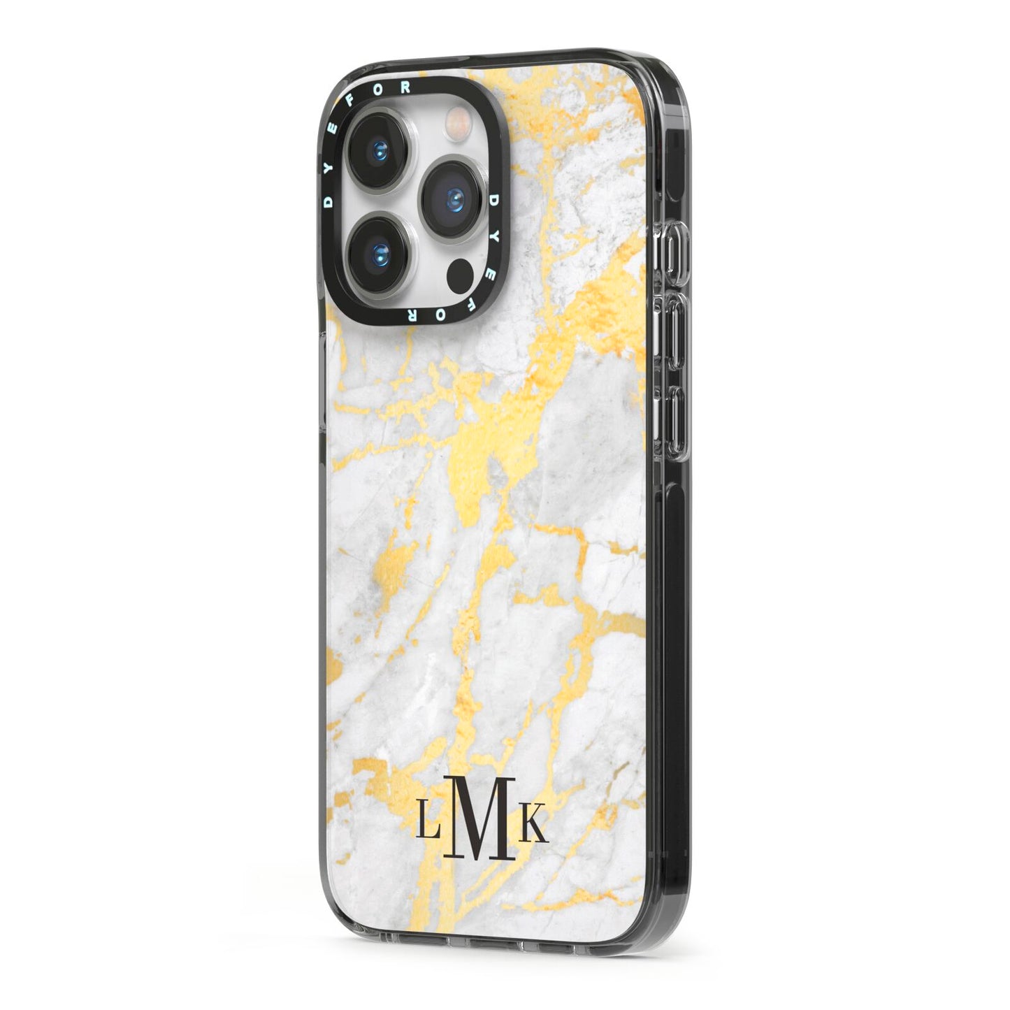 Gold Marble Initials Customised iPhone 13 Pro Black Impact Case Side Angle on Silver phone