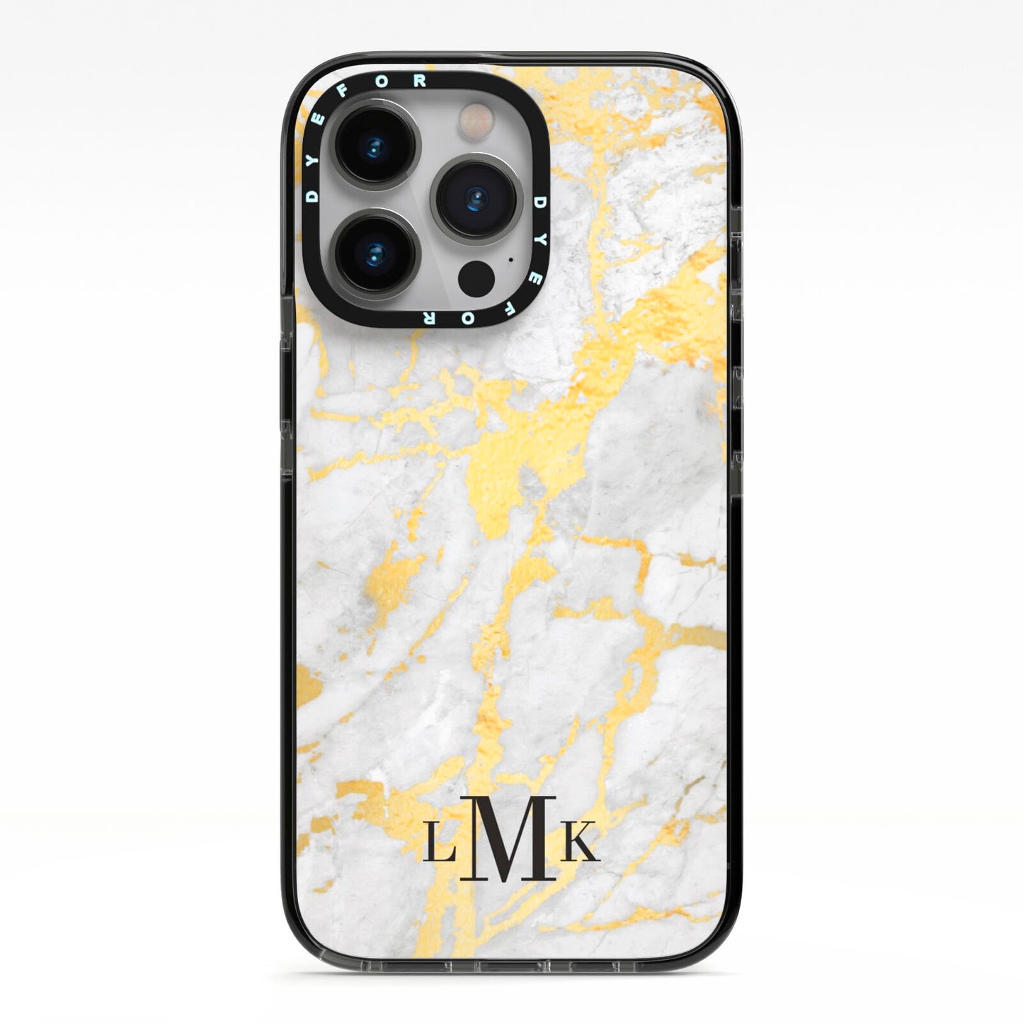 Gold Marble Initials Customised iPhone 13 Pro Black Impact Case on Silver phone