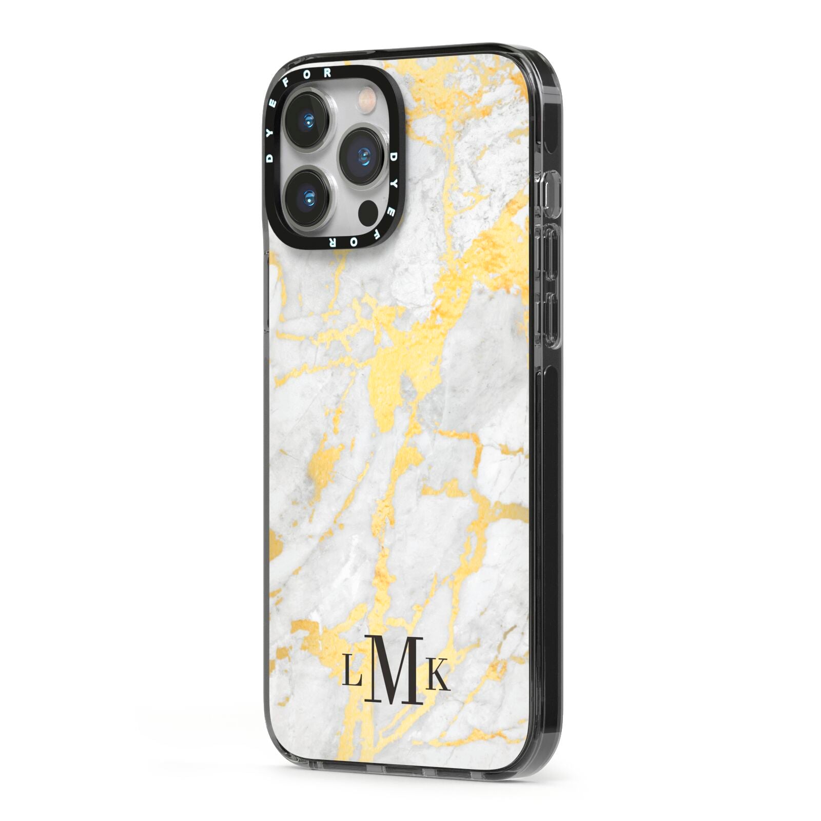 Gold Marble Initials Customised iPhone 13 Pro Max Black Impact Case Side Angle on Silver phone