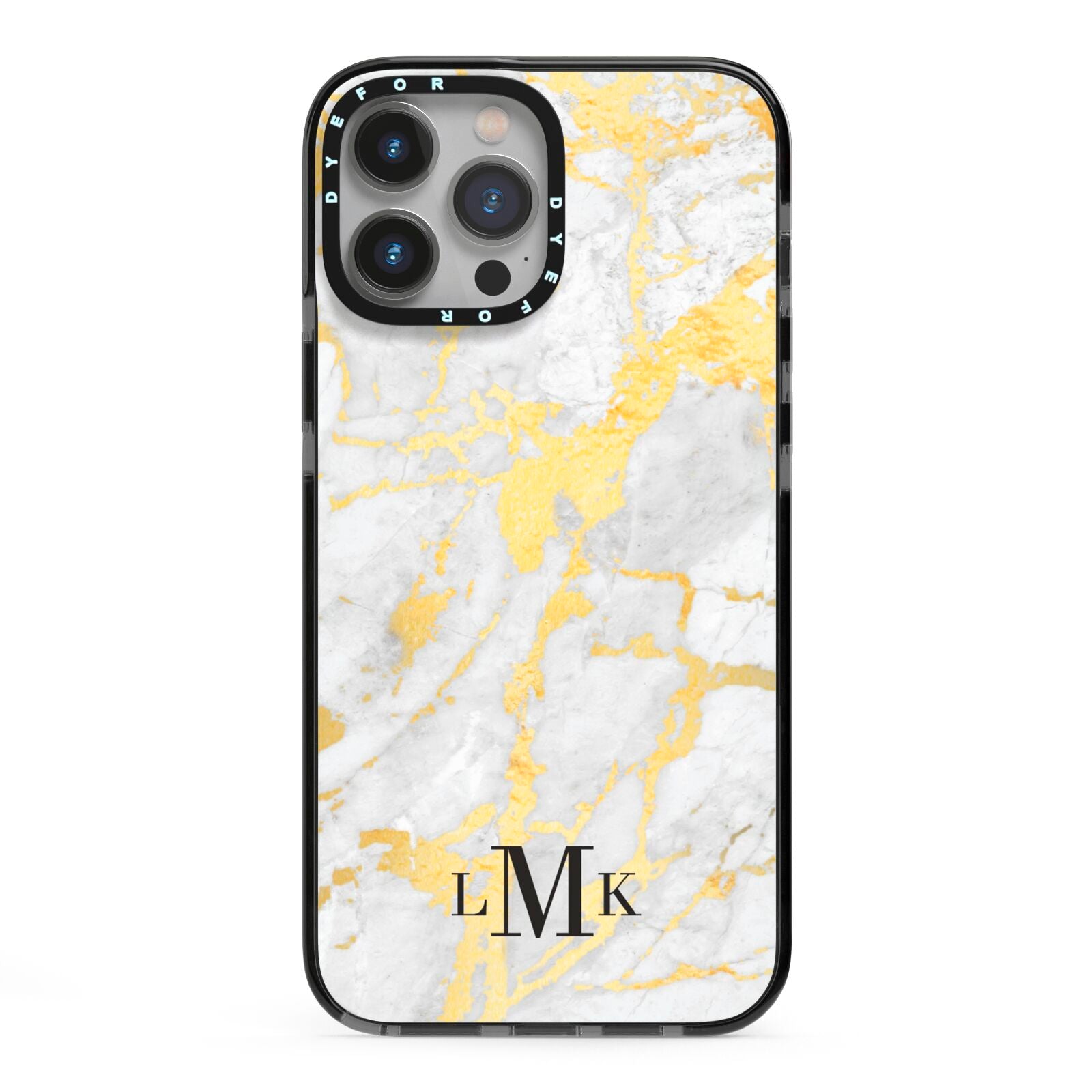 Gold Marble Initials Customised iPhone 13 Pro Max Black Impact Case on Silver phone