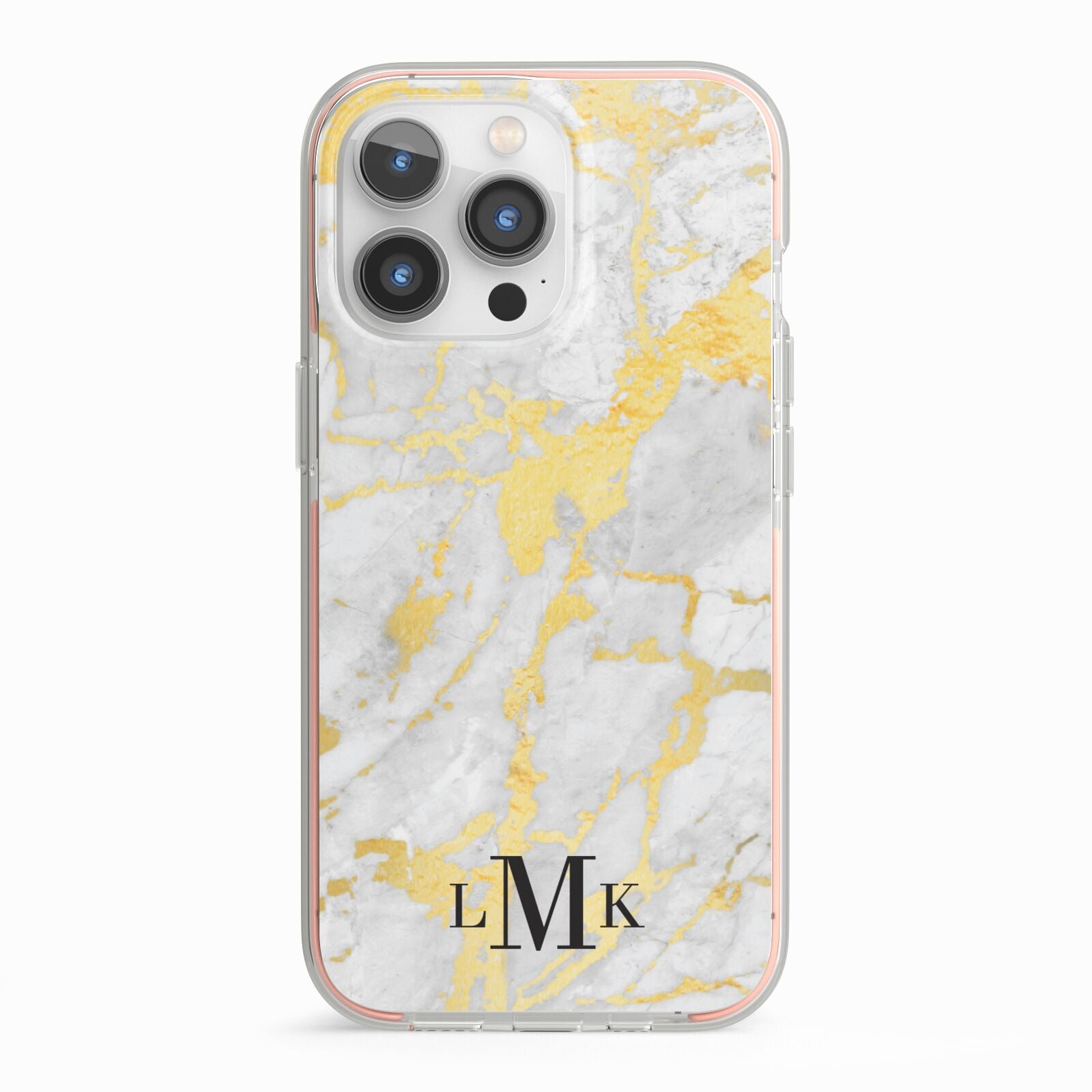 Gold Marble Initials Customised iPhone 13 Pro TPU Impact Case with Pink Edges