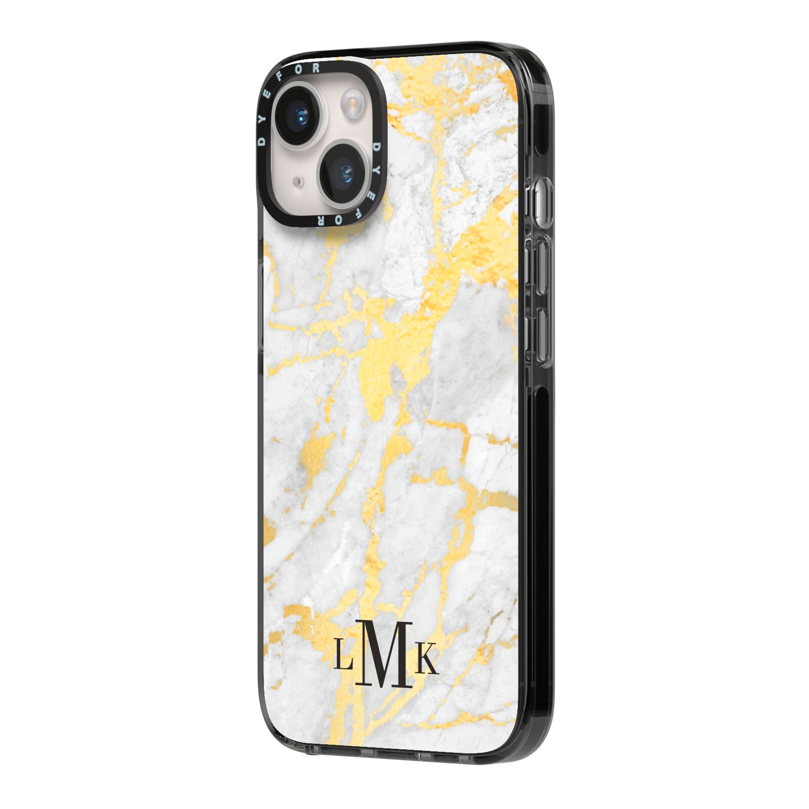Gold Marble Initials Customised iPhone 14 Black Impact Case Side Angle on Silver phone
