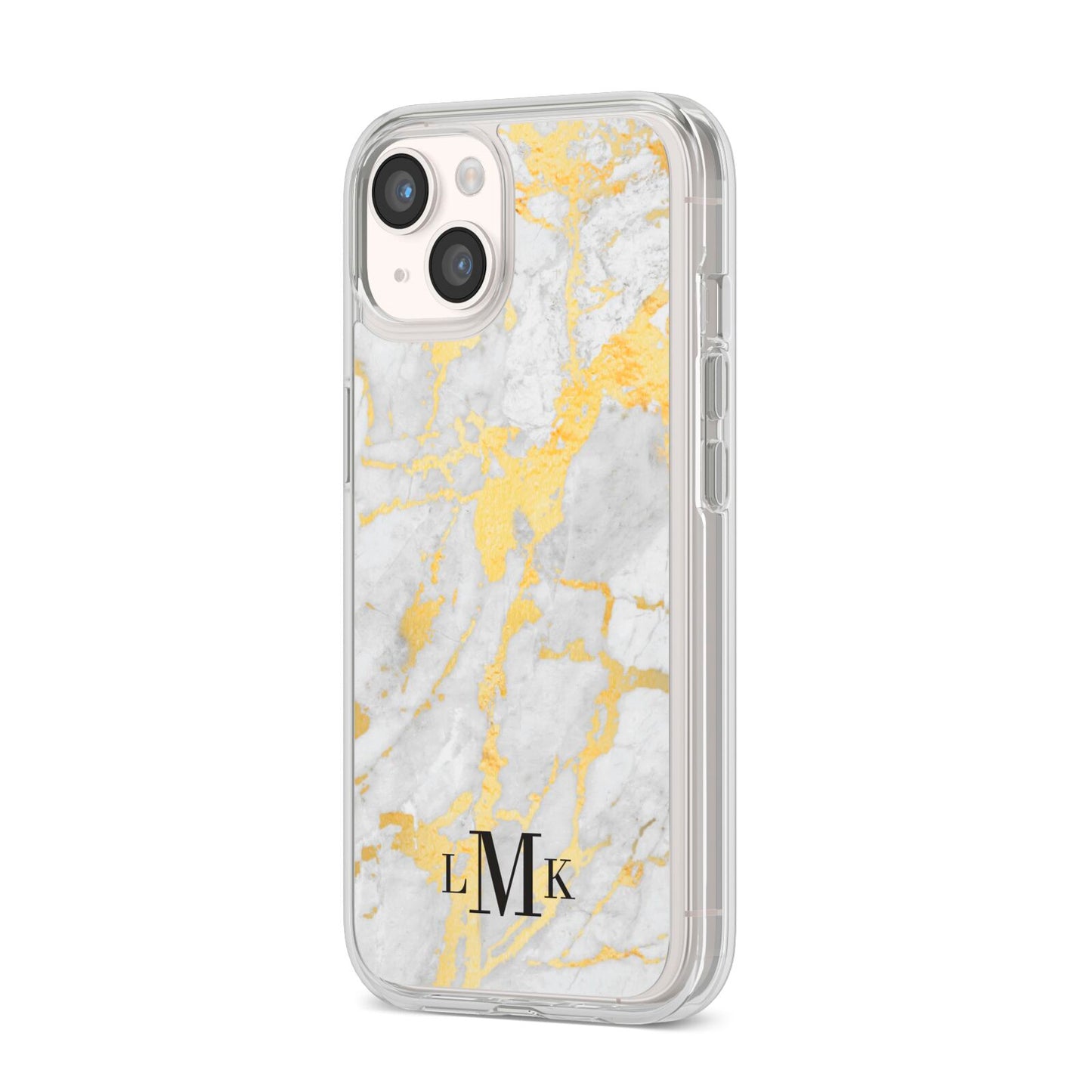 Gold Marble Initials Customised iPhone 14 Clear Tough Case Starlight Angled Image