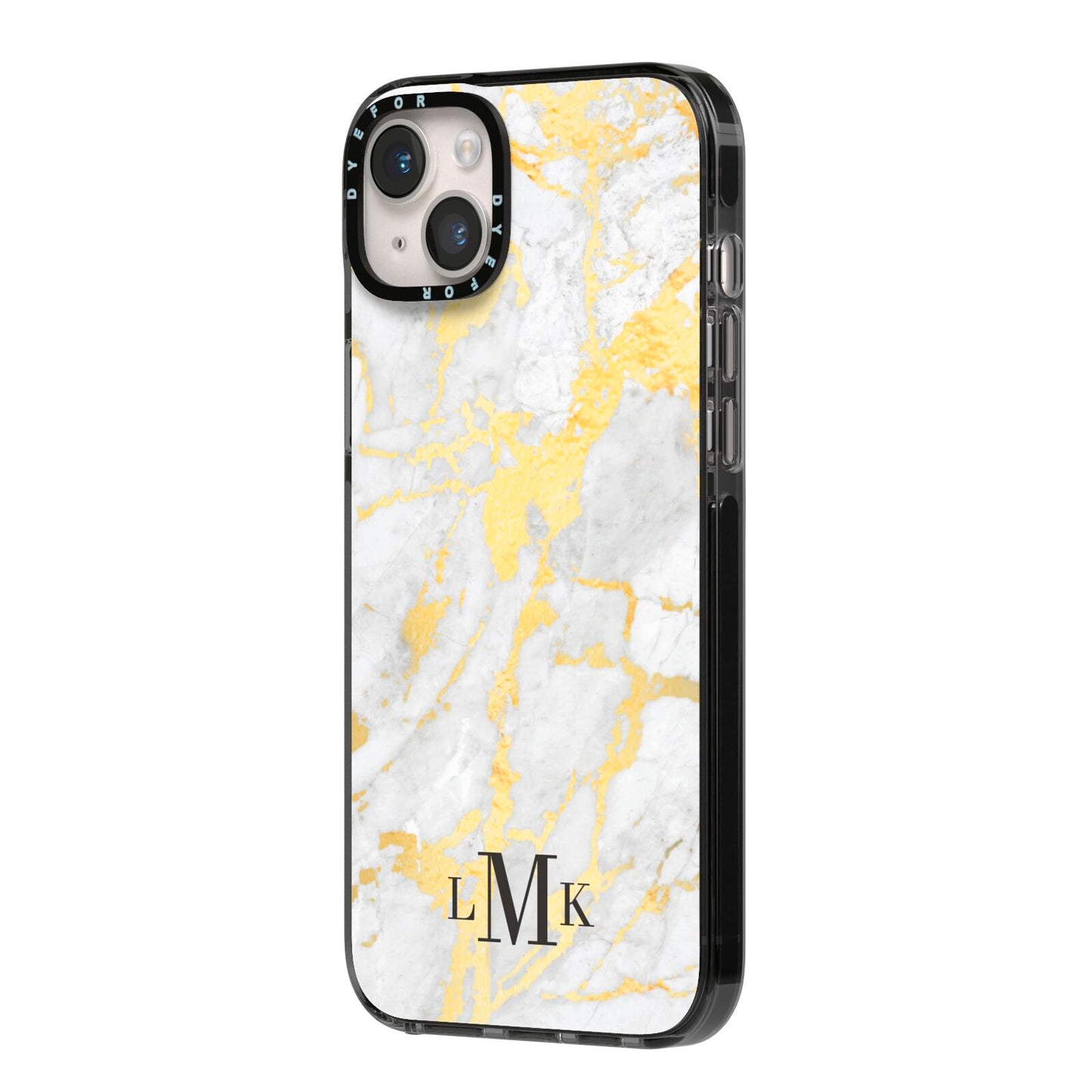 Gold Marble Initials Customised iPhone 14 Plus Black Impact Case Side Angle on Silver phone
