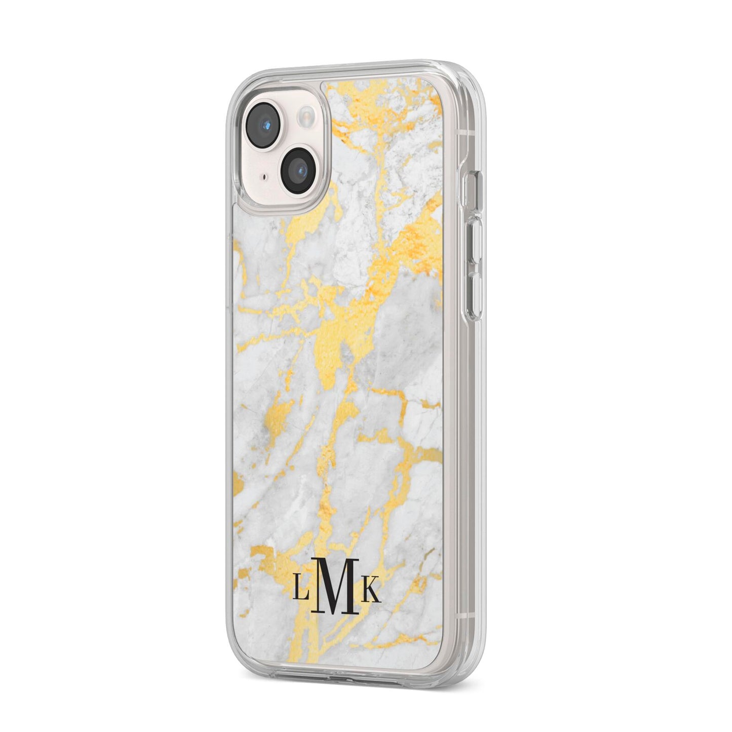Gold Marble Initials Customised iPhone 14 Plus Clear Tough Case Starlight Angled Image