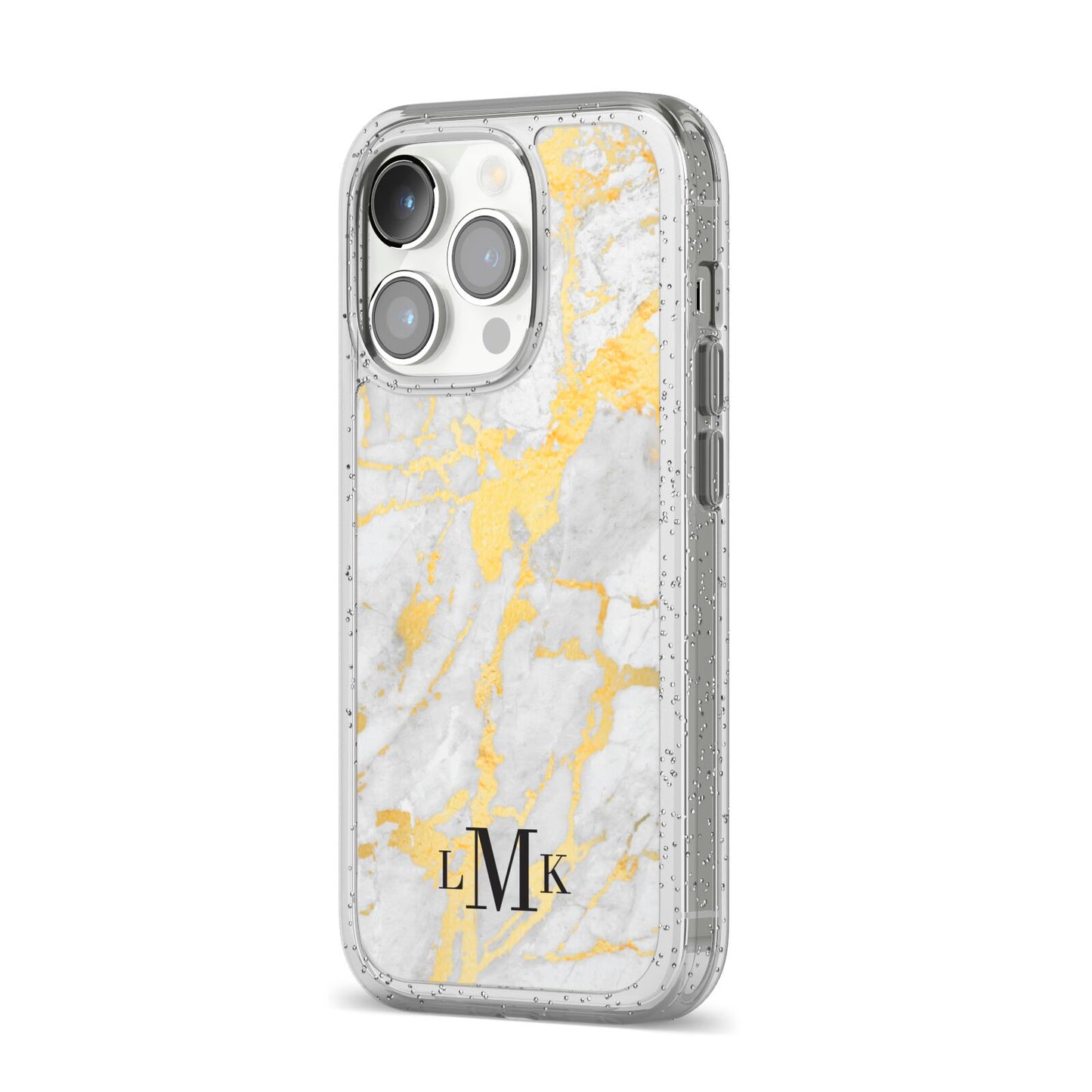 Gold Marble Initials Customised iPhone 14 Pro Glitter Tough Case Silver Angled Image