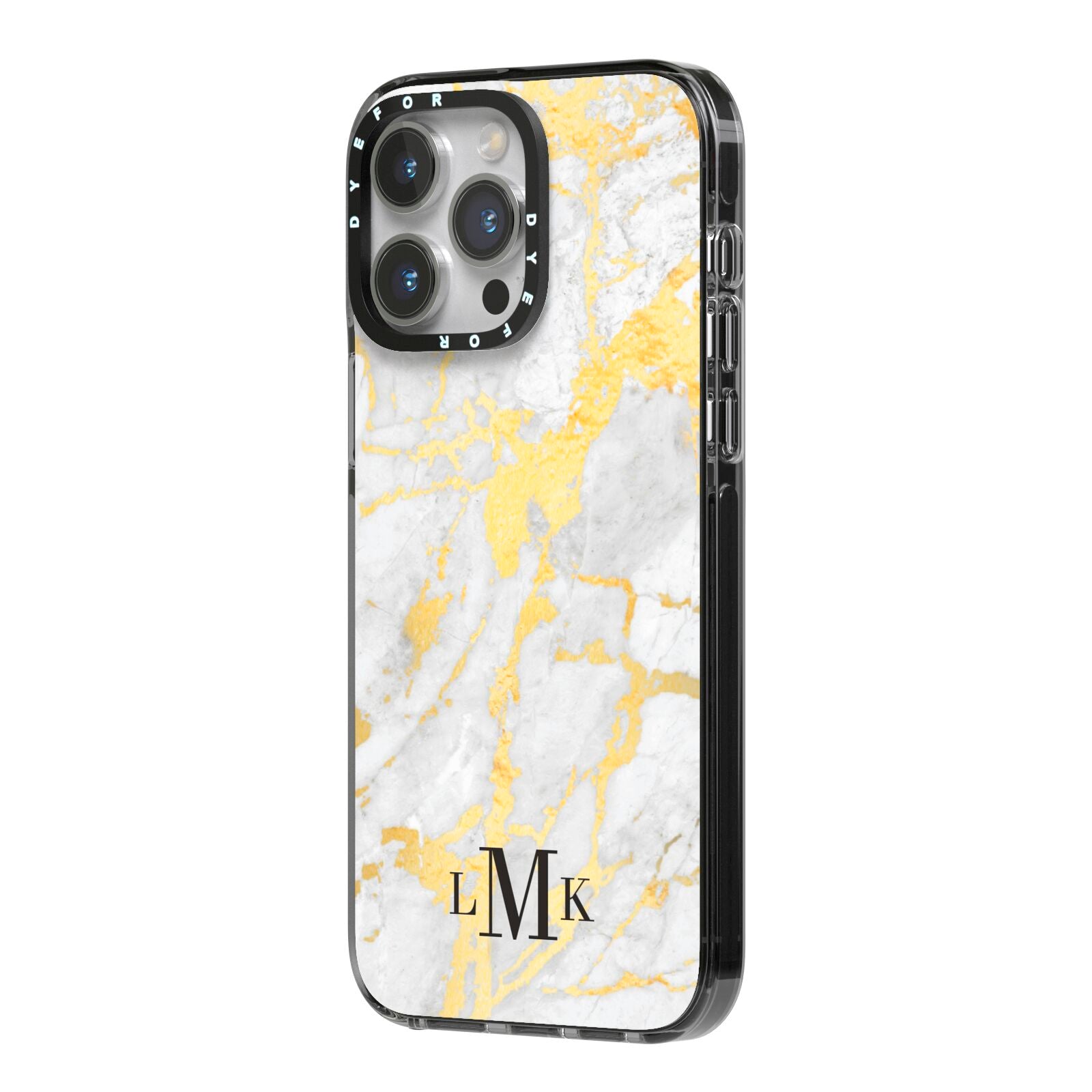 Gold Marble Initials Customised iPhone 14 Pro Max Black Impact Case Side Angle on Silver phone