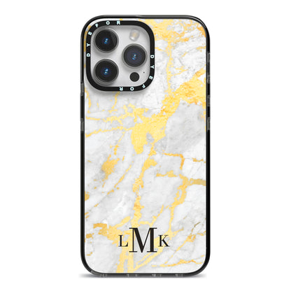 Gold Marble Initials Customised iPhone 14 Pro Max Black Impact Case on Silver phone
