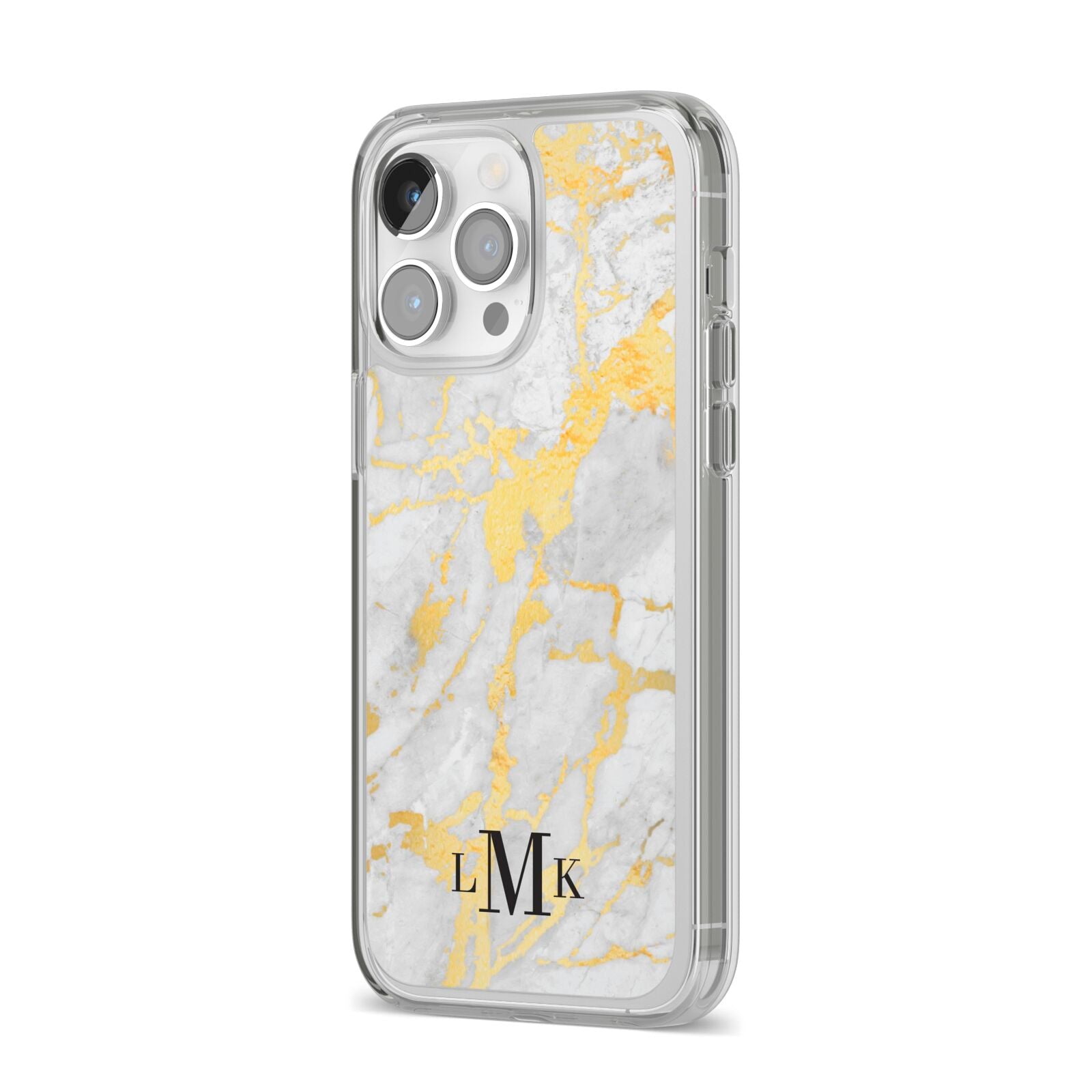 Gold Marble Initials Customised iPhone 14 Pro Max Clear Tough Case Silver Angled Image