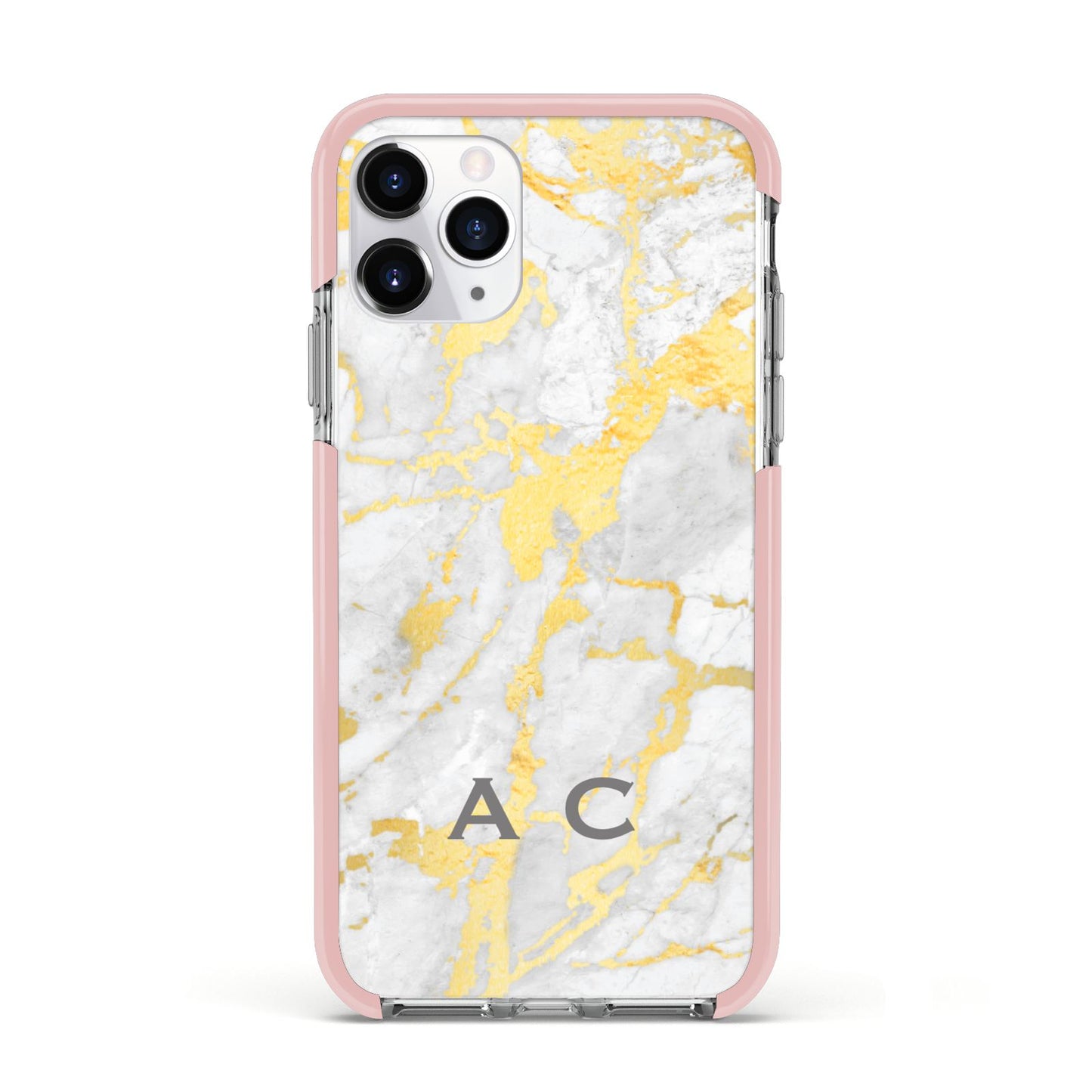 Gold Marble Initials Personalised Apple iPhone 11 Pro in Silver with Pink Impact Case