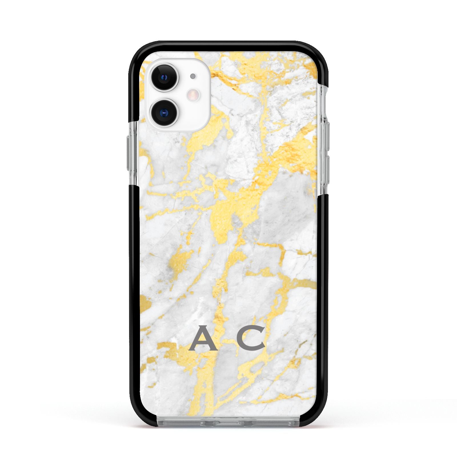 Gold Marble Initials Personalised Apple iPhone 11 in White with Black Impact Case