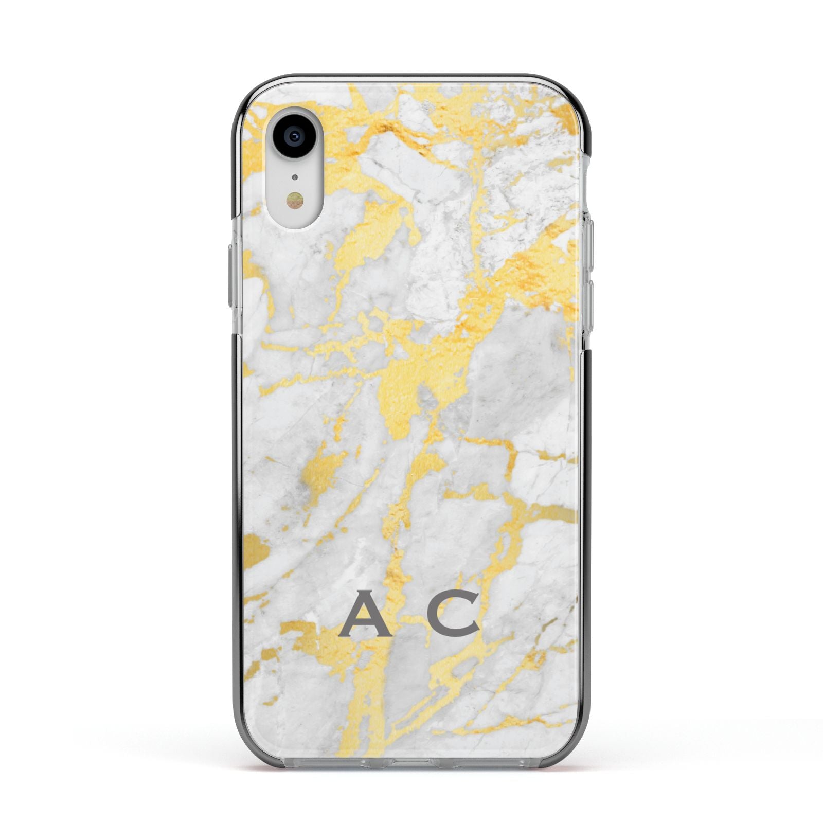 Gold Marble Initials Personalised Apple iPhone XR Impact Case Black Edge on Silver Phone