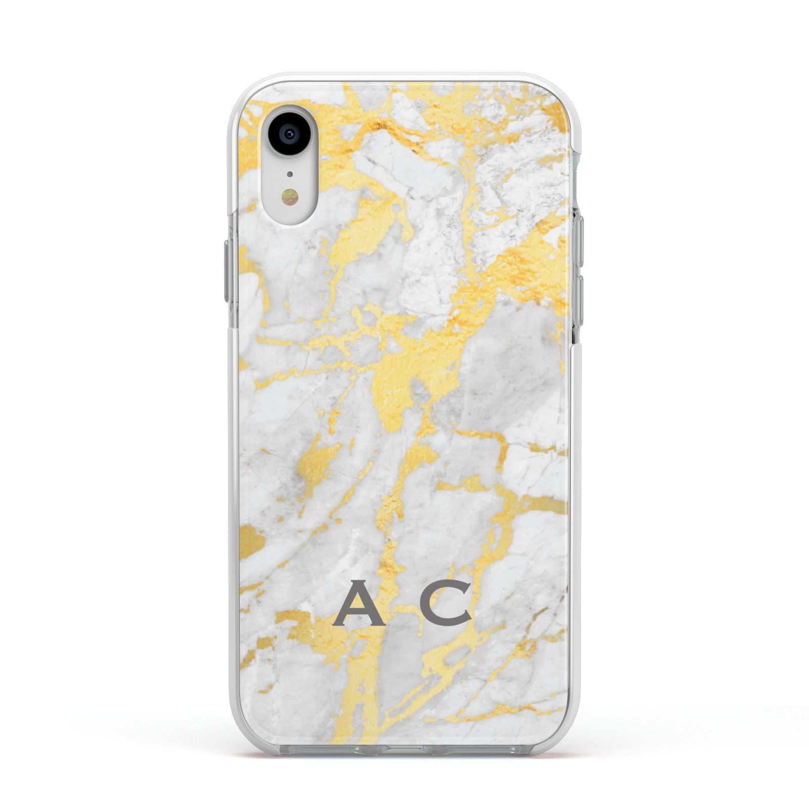 Gold Marble Initials Personalised Apple iPhone XR Impact Case White Edge on Silver Phone