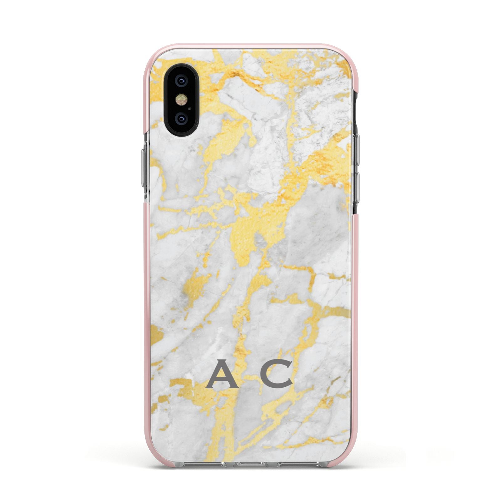 Gold Marble Initials Personalised Apple iPhone Xs Impact Case Pink Edge on Black Phone