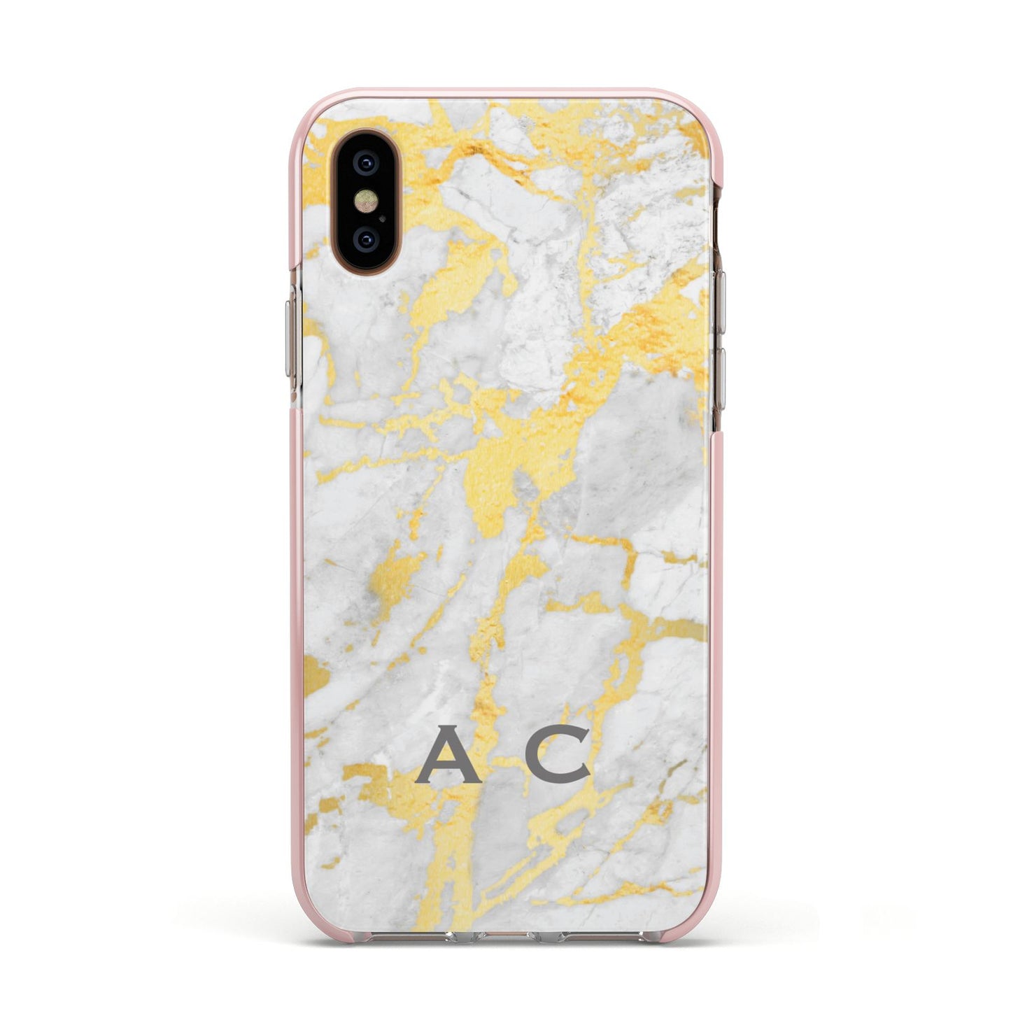 Gold Marble Initials Personalised Apple iPhone Xs Impact Case Pink Edge on Gold Phone