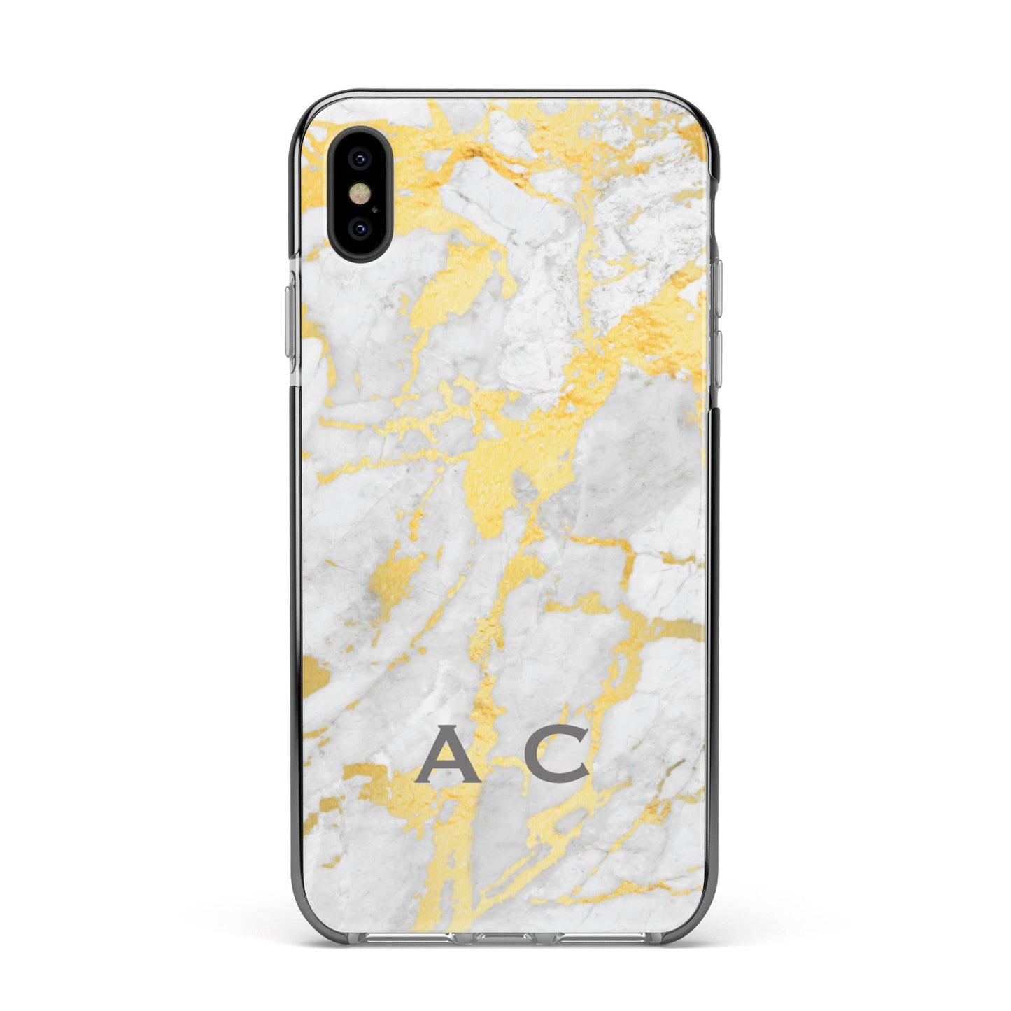 Gold Marble Initials Personalised Apple iPhone Xs Max Impact Case Black Edge on Black Phone