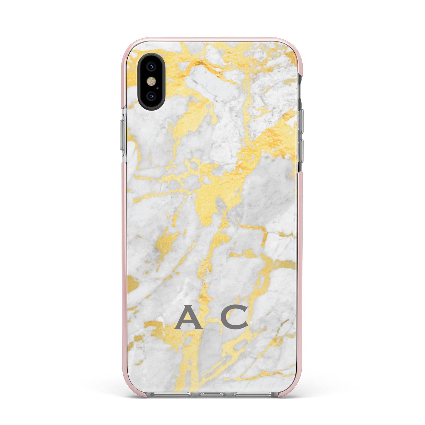 Gold Marble Initials Personalised Apple iPhone Xs Max Impact Case Pink Edge on Black Phone