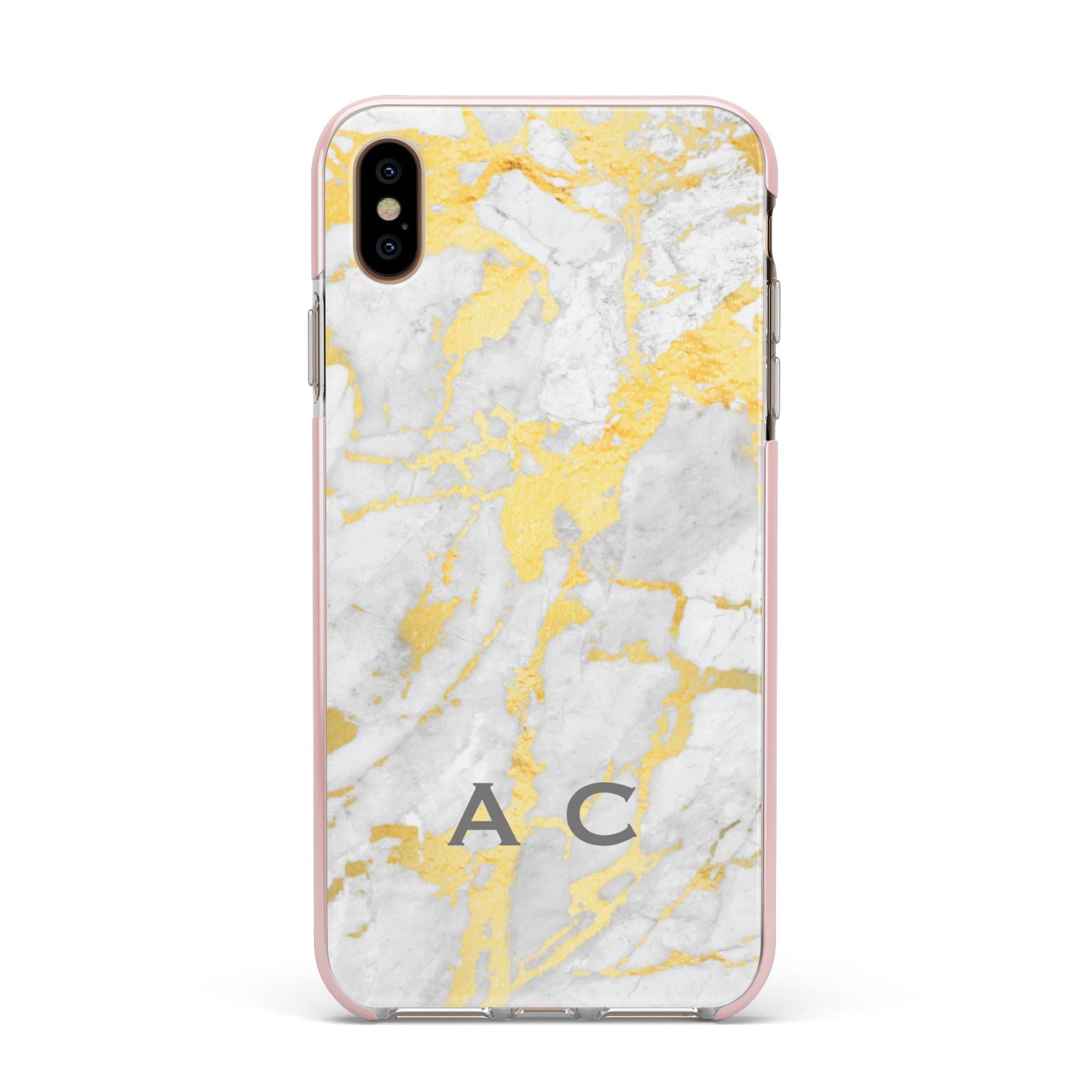 Gold Marble Initials Personalised Apple iPhone Xs Max Impact Case Pink Edge on Gold Phone