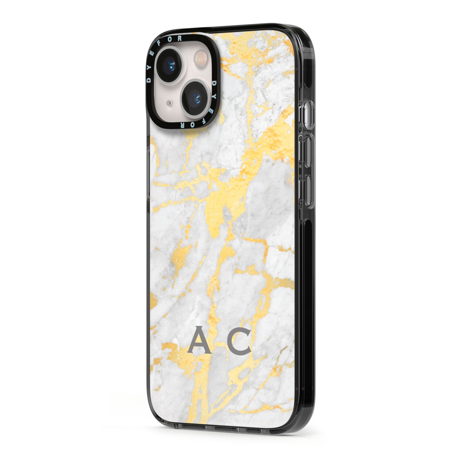 Gold Marble Initials Personalised iPhone 13 Black Impact Case Side Angle on Silver phone