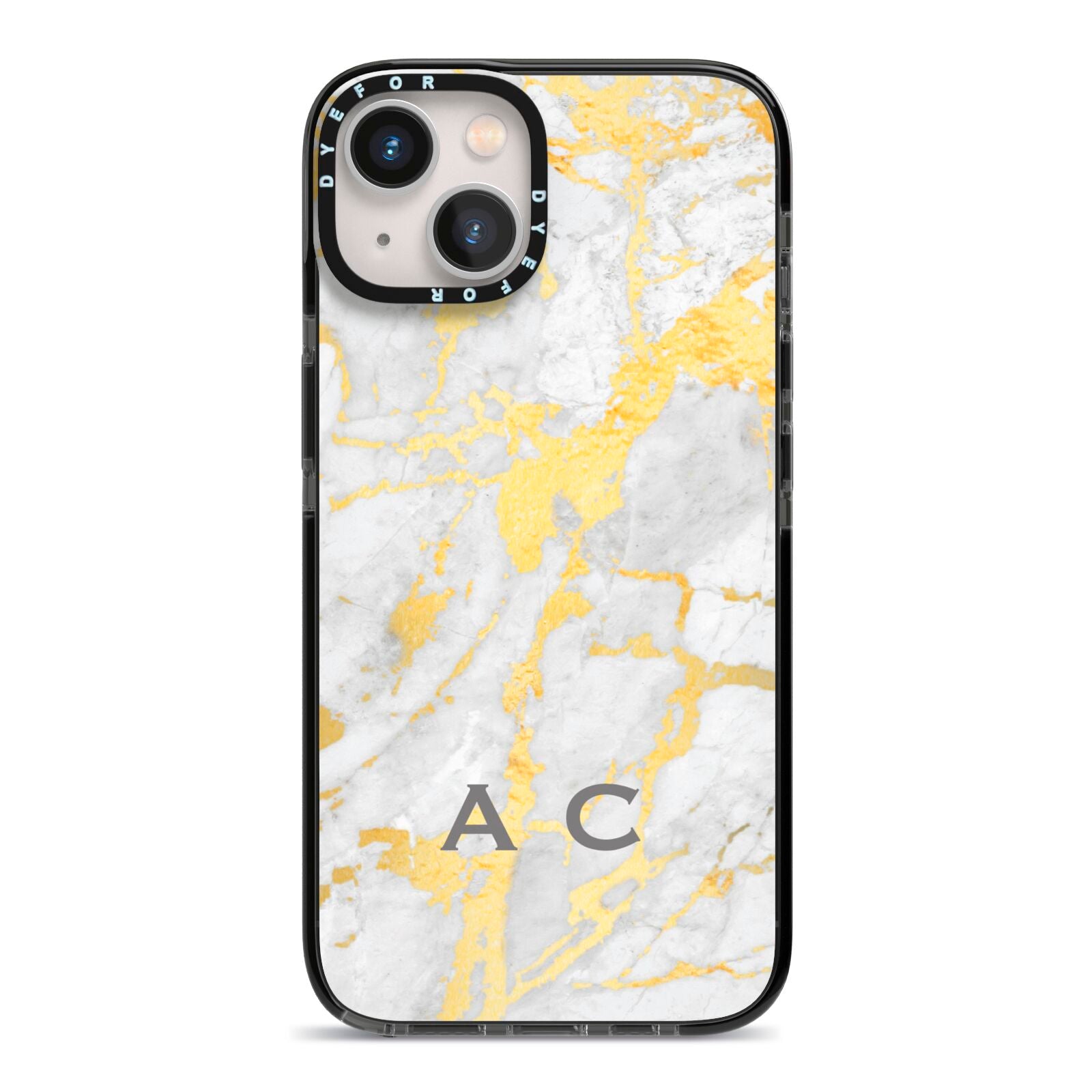 Gold Marble Initials Personalised iPhone 13 Black Impact Case on Silver phone
