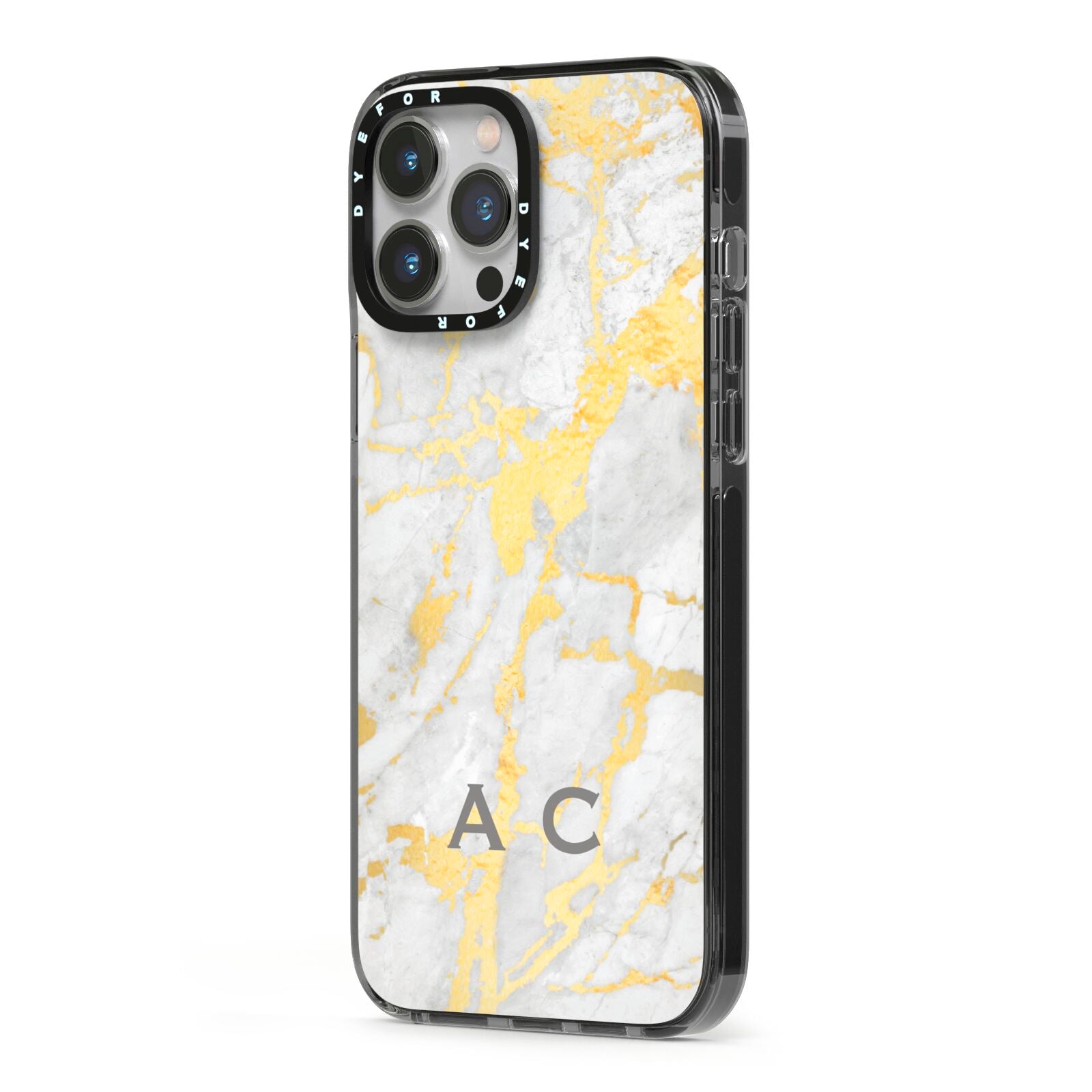 Gold Marble Initials Personalised iPhone 13 Pro Max Black Impact Case Side Angle on Silver phone
