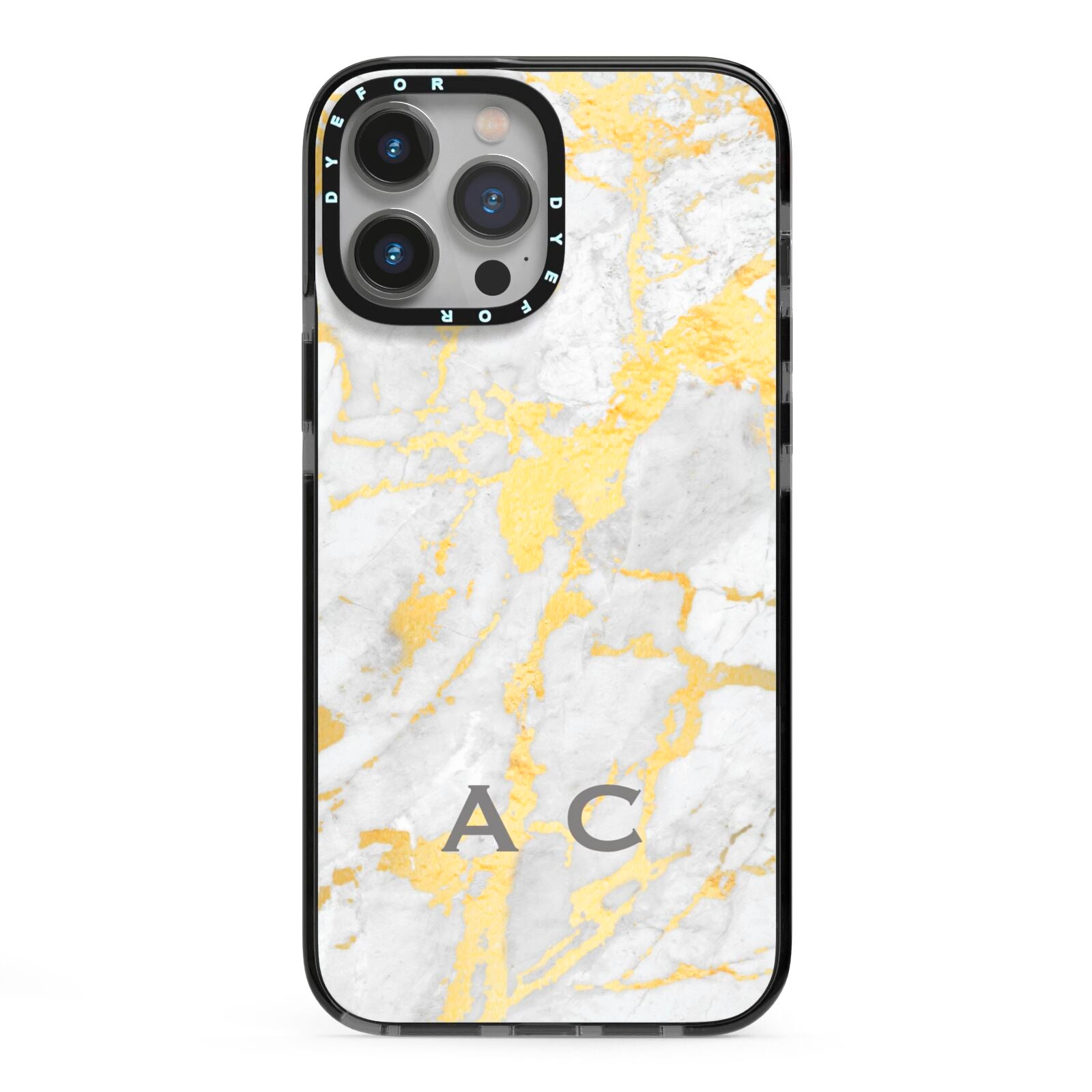 Gold Marble Initials Personalised iPhone 13 Pro Max Black Impact Case on Silver phone