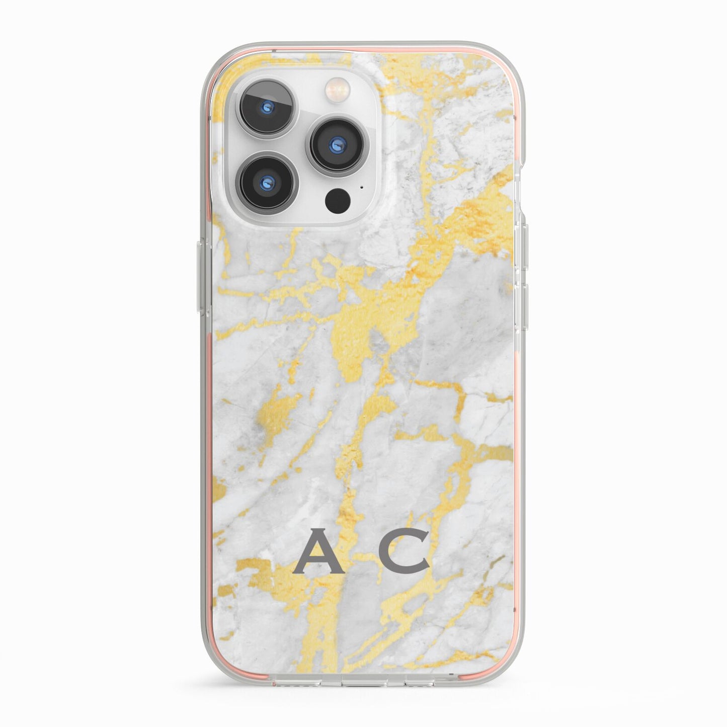 Gold Marble Initials Personalised iPhone 13 Pro TPU Impact Case with Pink Edges