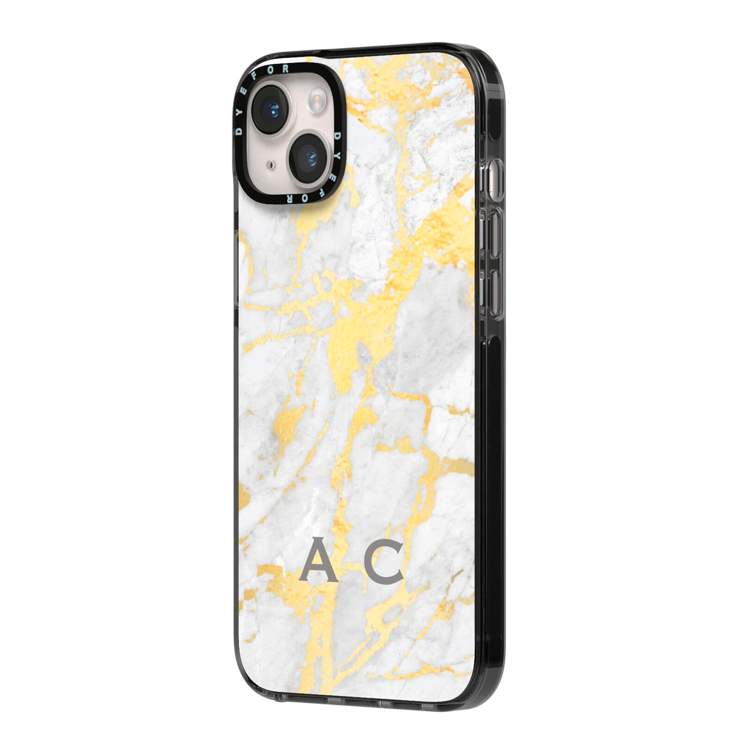 Gold Marble Initials Personalised iPhone 14 Plus Black Impact Case Side Angle on Silver phone