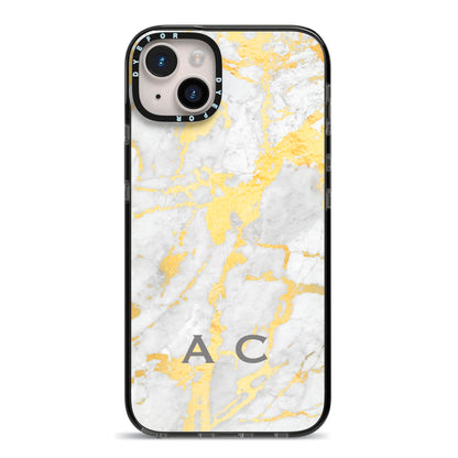 Gold Marble Initials Personalised iPhone 14 Plus Black Impact Case on Silver phone