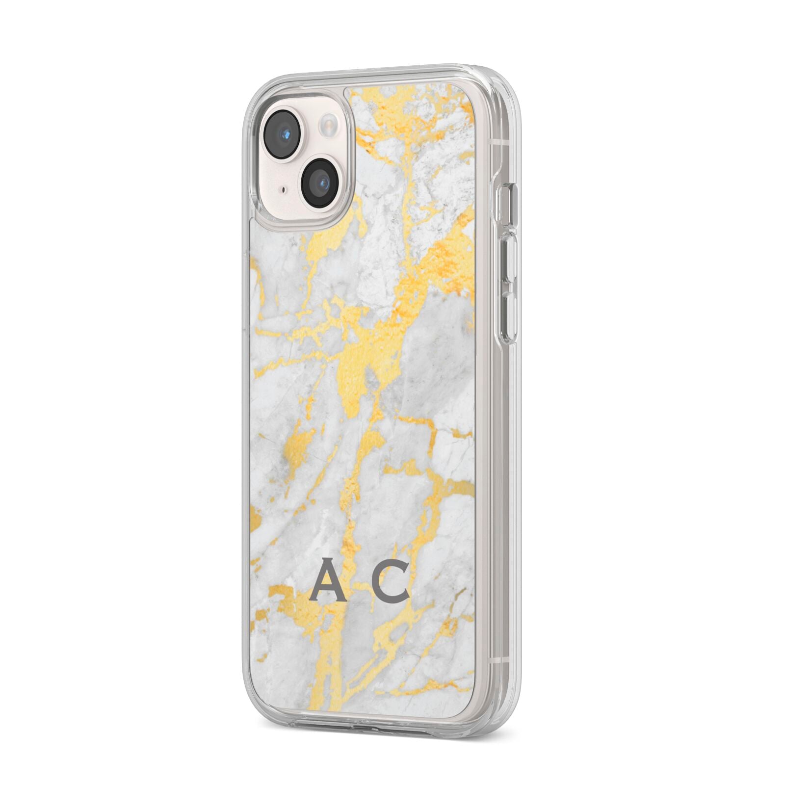 Gold Marble Initials Personalised iPhone 14 Plus Clear Tough Case Starlight Angled Image