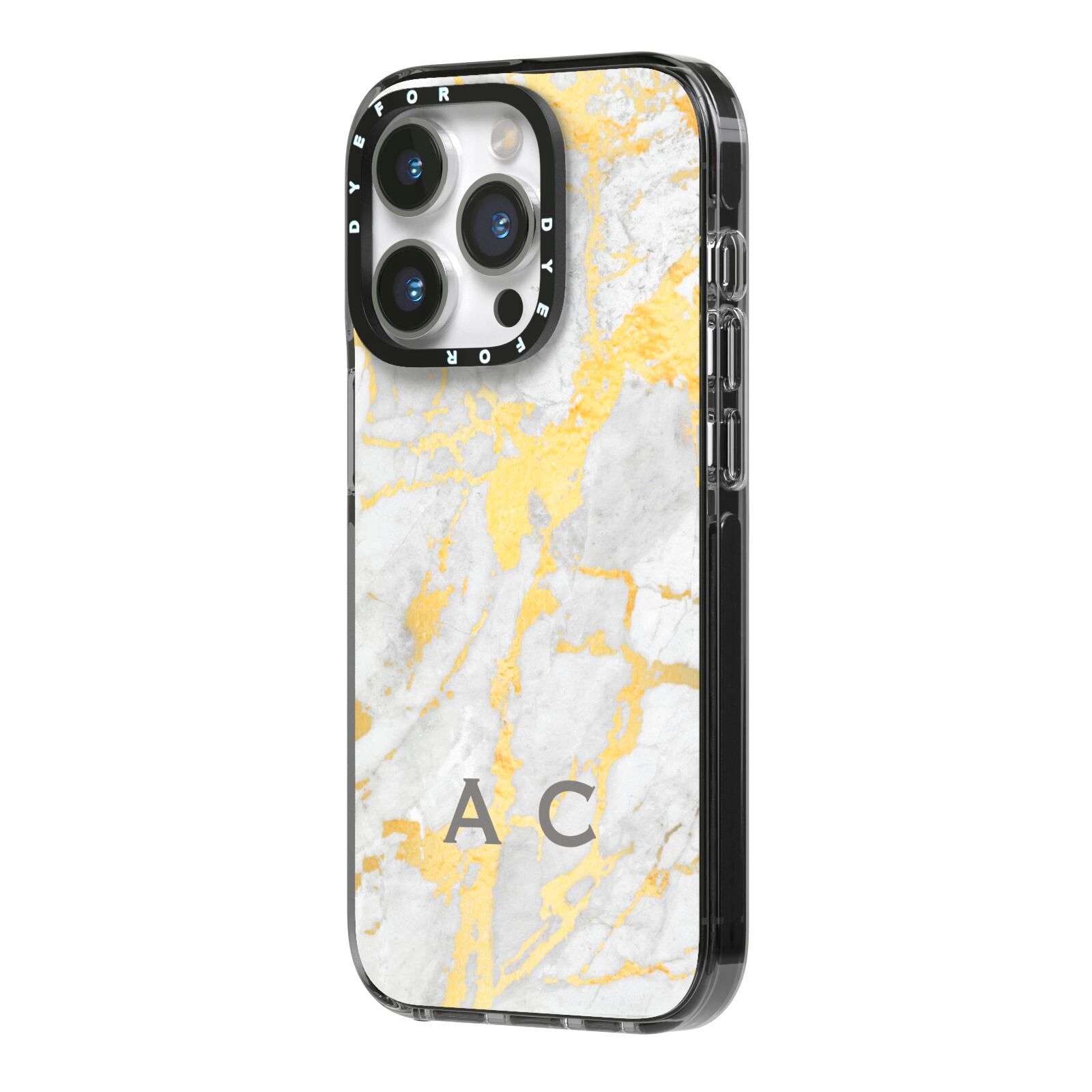 Gold Marble Initials Personalised iPhone 14 Pro Black Impact Case Side Angle on Silver phone