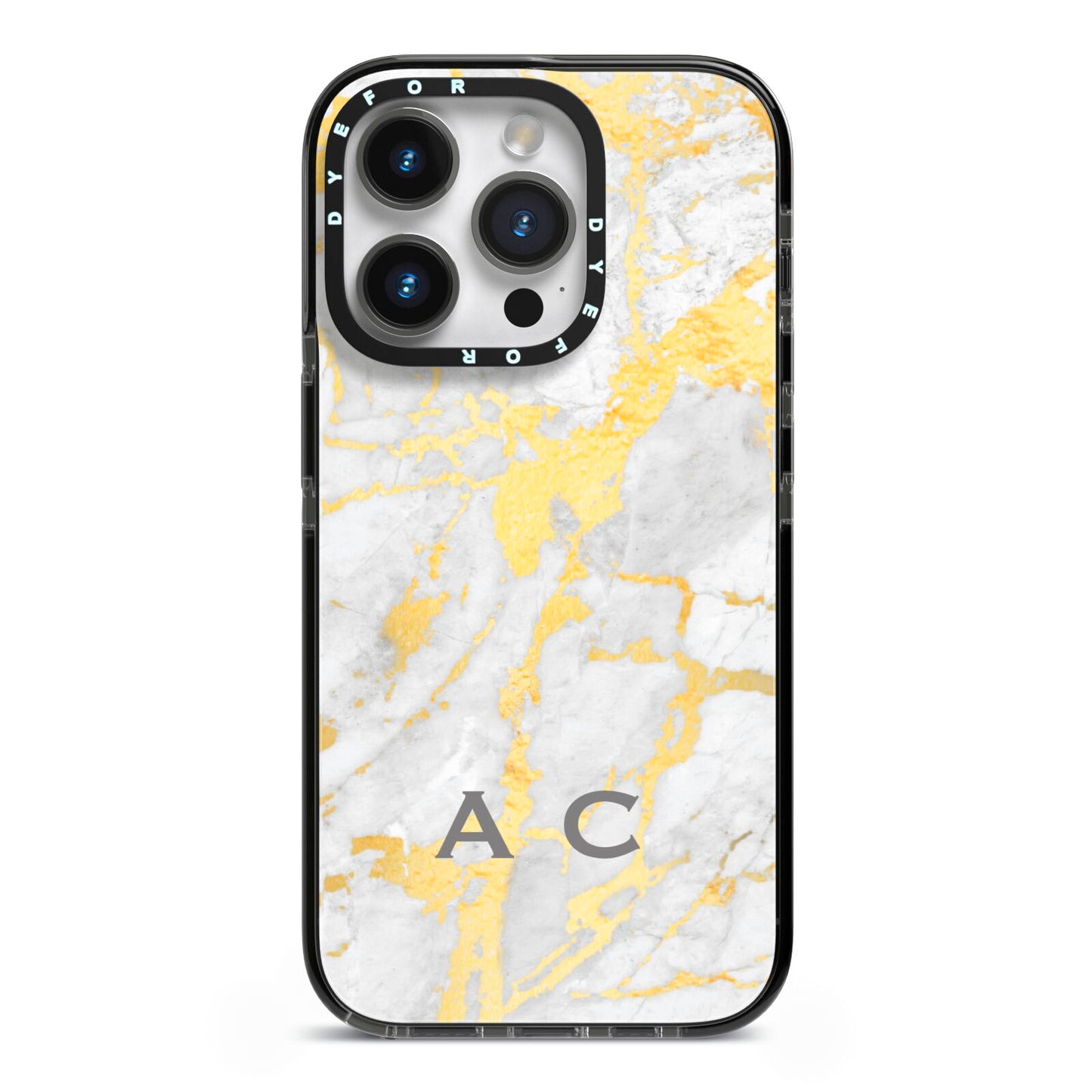 Gold Marble Initials Personalised iPhone 14 Pro Black Impact Case on Silver phone