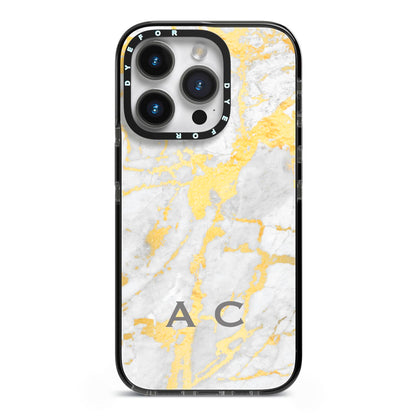 Gold Marble Initials Personalised iPhone 14 Pro Black Impact Case on Silver phone