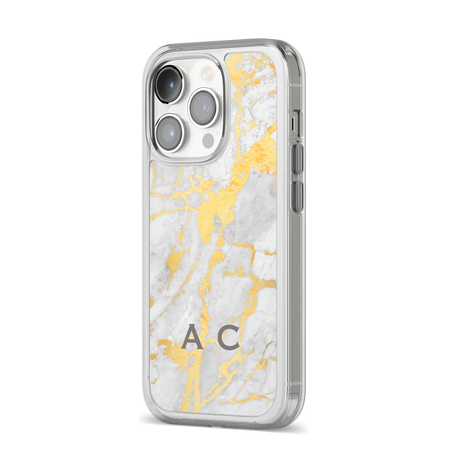 Gold Marble Initials Personalised iPhone 14 Pro Clear Tough Case Silver Angled Image