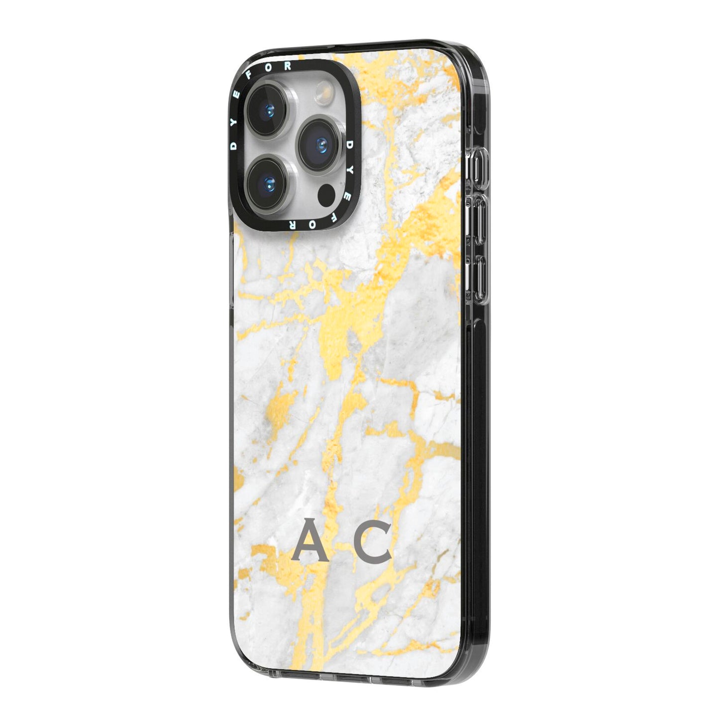 Gold Marble Initials Personalised iPhone 14 Pro Max Black Impact Case Side Angle on Silver phone