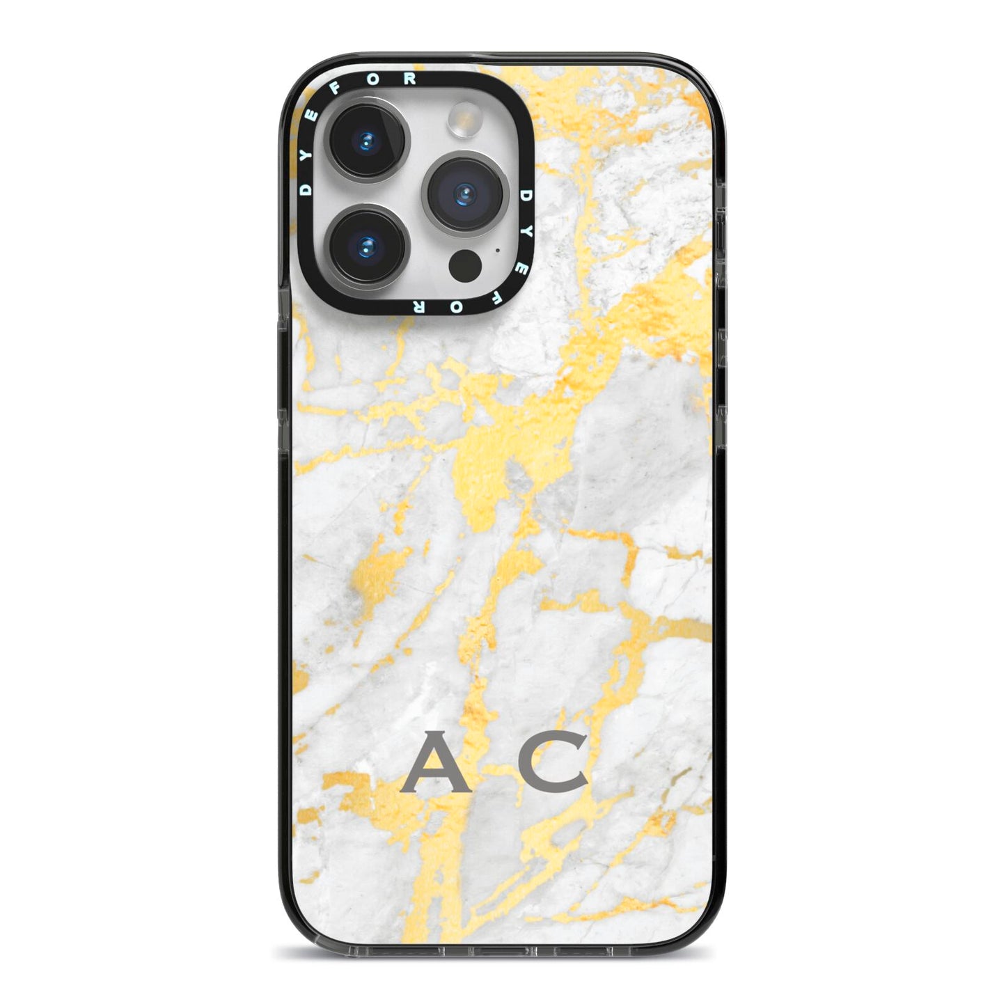 Gold Marble Initials Personalised iPhone 14 Pro Max Black Impact Case on Silver phone