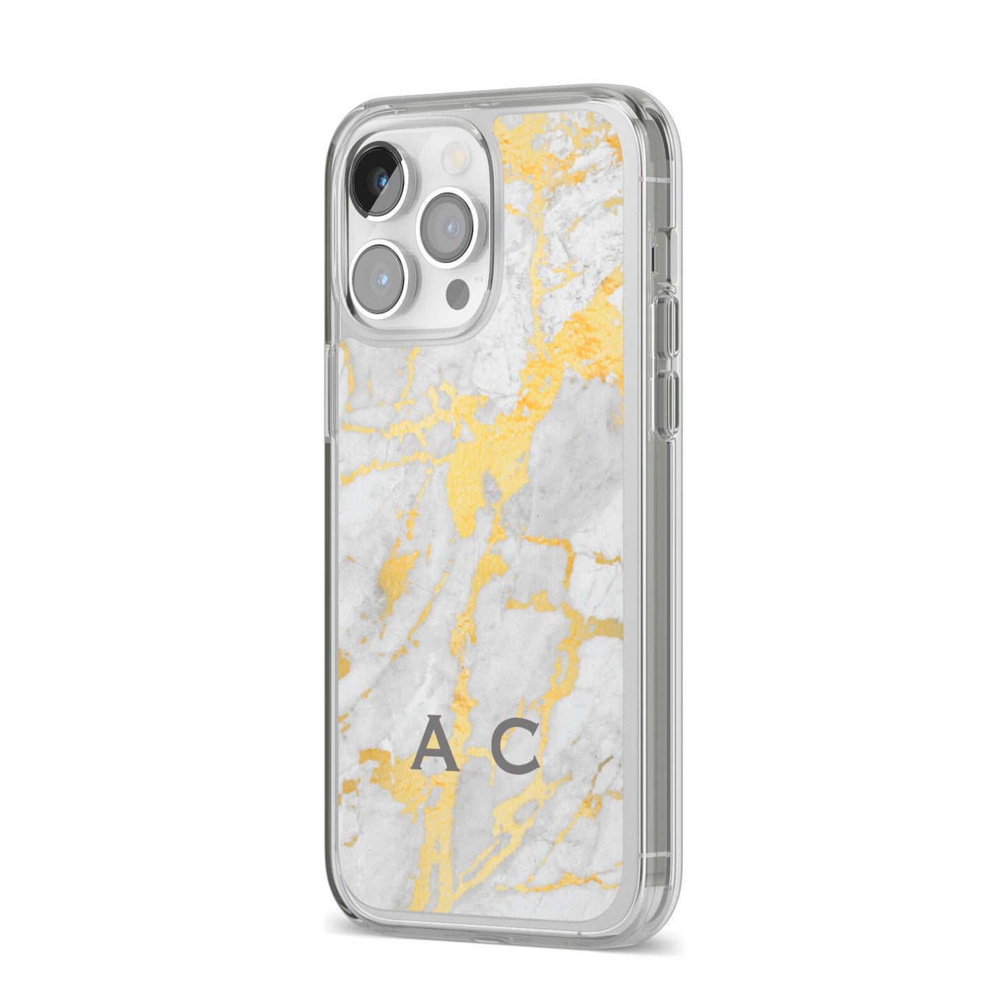Gold Marble Initials Personalised iPhone 14 Pro Max Clear Tough Case Silver Angled Image