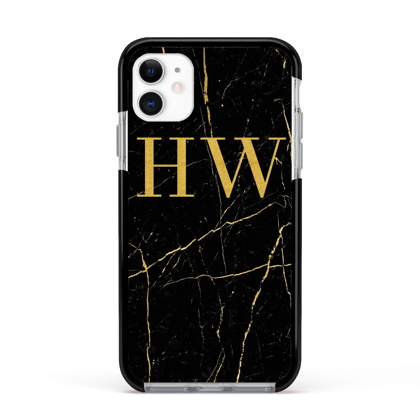 Gold Marble Monogram Personalised Apple iPhone 11 in White with Black Impact Case
