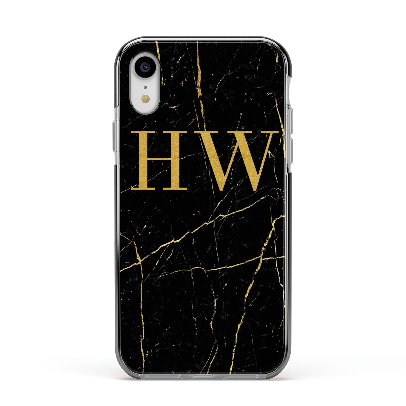 Gold Marble Monogram Personalised Apple iPhone XR Impact Case Black Edge on Silver Phone