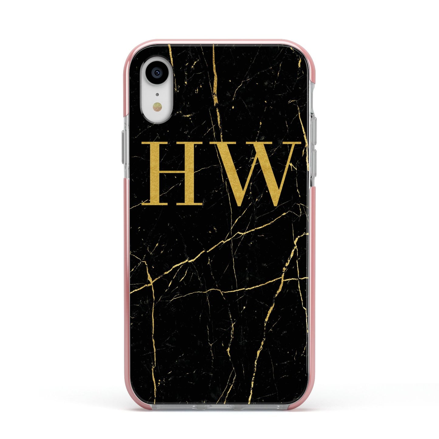 Gold Marble Monogram Personalised Apple iPhone XR Impact Case Pink Edge on Silver Phone