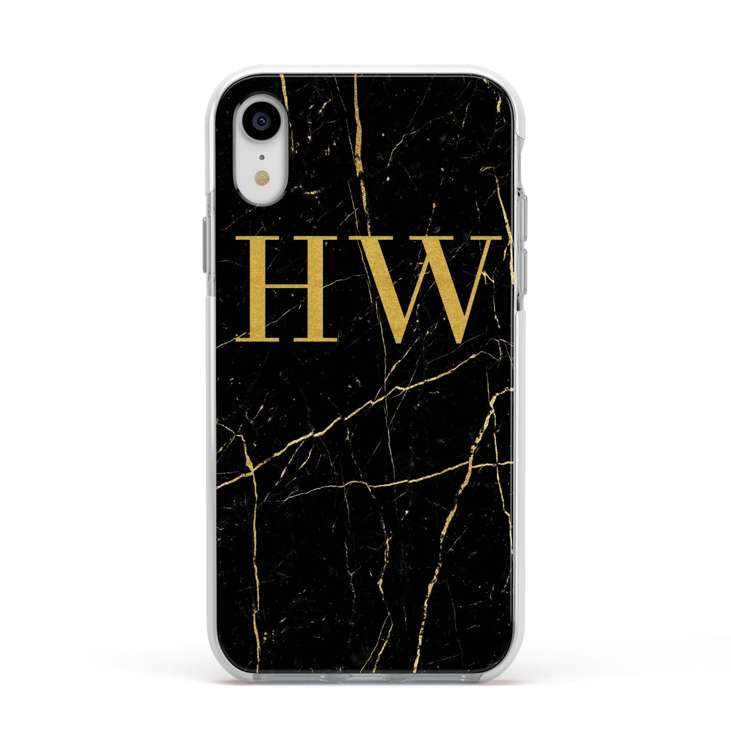 Gold Marble Monogram Personalised Apple iPhone XR Impact Case White Edge on Silver Phone